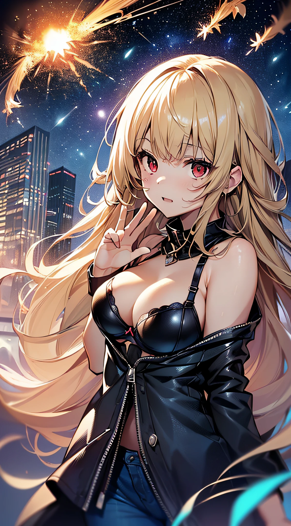 top-quality、Top image quality、masterpiece、girl with((cute little、18year old、Best Bust、Medium bust、Bust 85,Red eyes to issue、Breasts wide open,Valley、Blonde long hair、A slender、Black leather bra、Blue pants、happily face、weightless、float、splatters、levitation、Hand waving motion)hiquality、Beautiful Art、Background with((sky at night、mid air、meteors)),masutepiece、Elaborate design、visualart、depth of fields、Being in the air、weightless