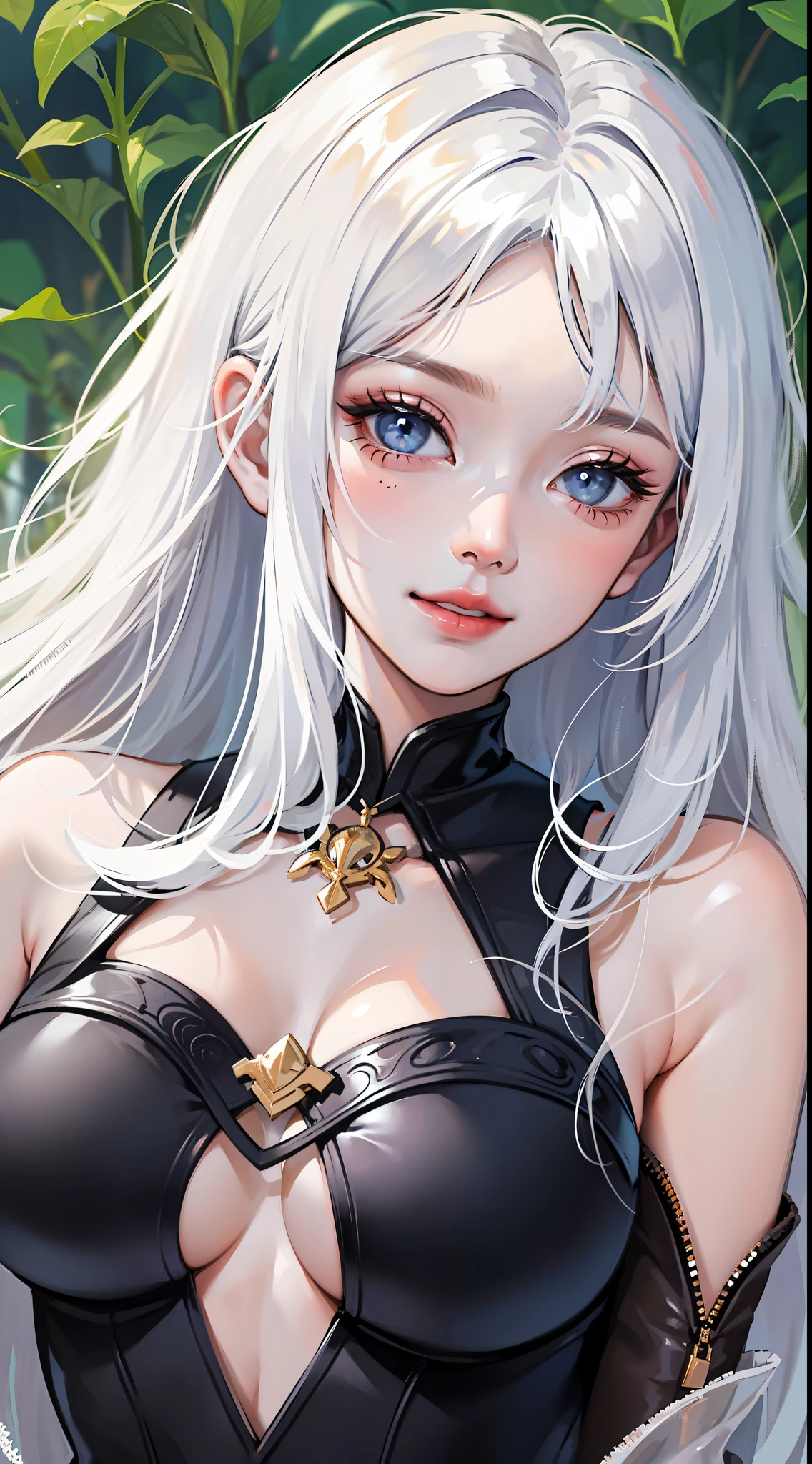 Adult girl, long white hair, blue eyes, beautiful dress, open chest, smile, masterpiece, high quality