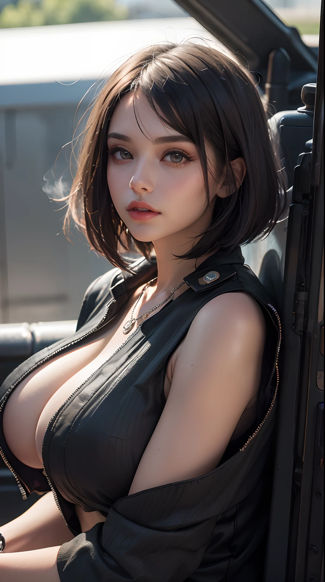 (best quality,4k,8k,highres,masterpiece:1.2), ultra-detailed, (realistic,photorealistic,photo-realistic:1.37), (beautiful detailed eyes, beautiful detailed lips, extremely detailed eyes and face, long eyelashes), studio lighting,physically-based rendering,vivid colors, (big tits, super big tits, super extra big tits), (black military jacket, tank top, dog tag, bob cut, smokey eye makeup:1.2), (cockpit of a large truck:1.2),