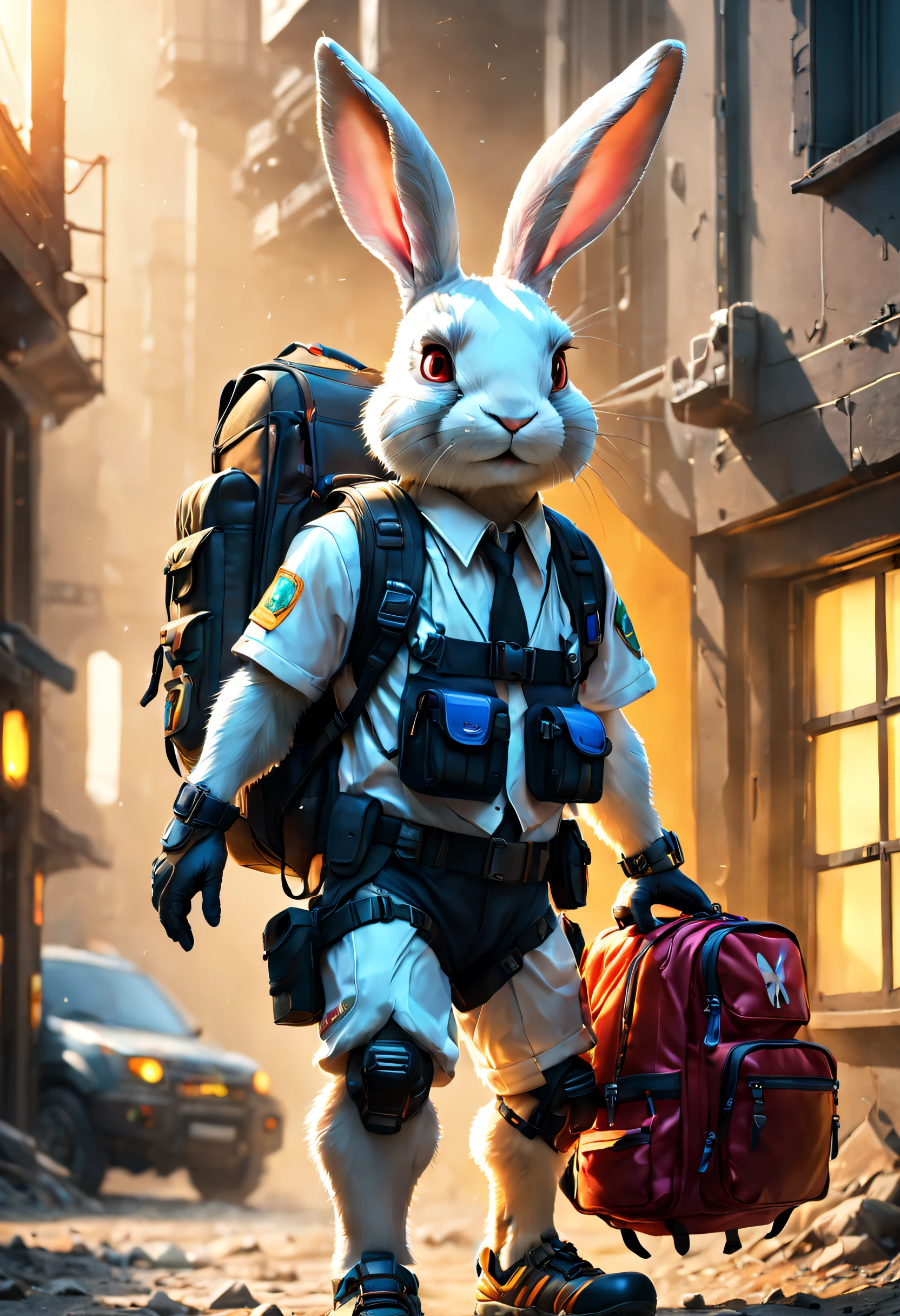 ((Best quality)), ((Masterpiece)), ((Realistic,Digital art)), (ultra - detailed),DonMBl00mingF41ryXL UraniumTechAI An adventurous bunny in an adventurous costume, Carrying an explorer's backpack, , Octane rendering, Ray traching, voluminetric lighting, The light from the back window is backlighted,rim lit, 8K, hdr,