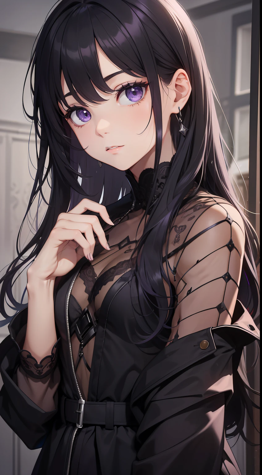 young boy, long dark purple or black hair, violet eyes, Black Rich Closed Clothing, Masterpiece, hiquality