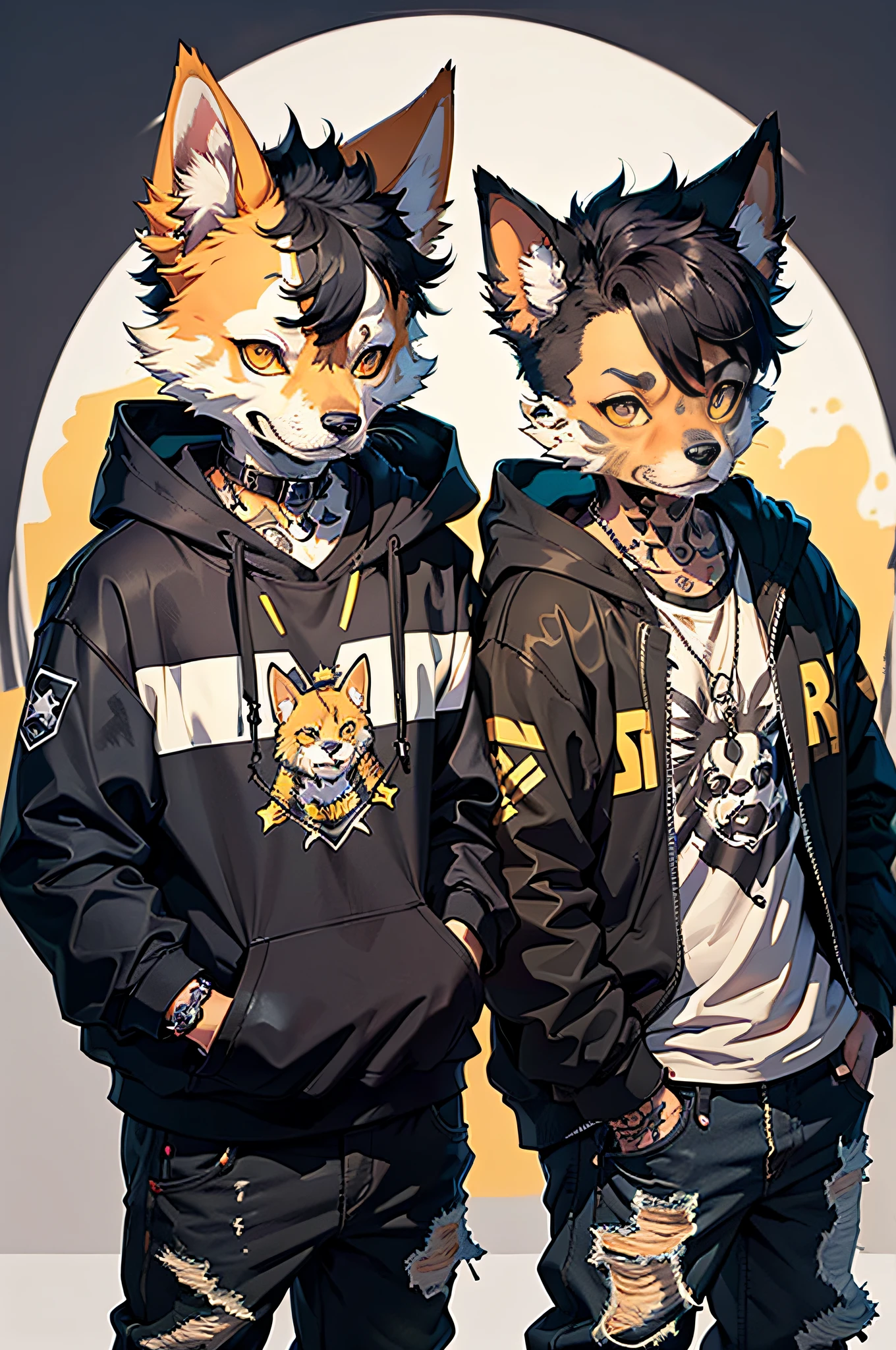 Two cool and trendy dogs looking here, Black hair, Yellow eyes, Wear trendy hip-hop clothes, Wearing a hoodie, Graphic T-shirt and ripped jeans, Lots of tattoos and piercings, Doodle style background, Highly detailed background, perfect masterpiece, High quality, hight resolution