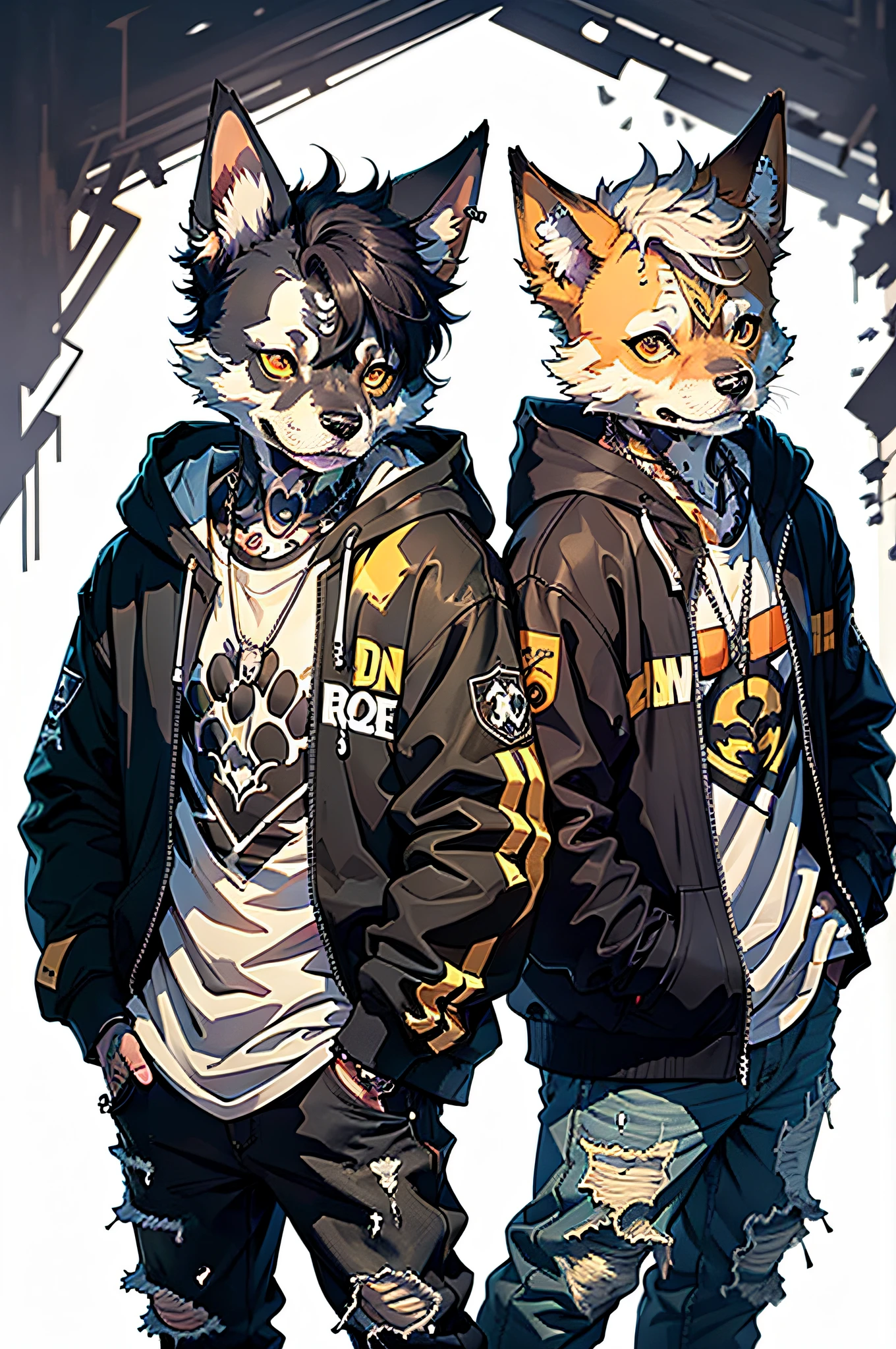 Two cool and trendy dogs looking here, Black hair, Yellow eyes, Wear trendy hip-hop clothes, Wearing a hoodie, Graphic T-shirt and ripped jeans, Lots of tattoos and piercings, Doodle style background, Highly detailed background, perfect masterpiece, High quality, hight resolution