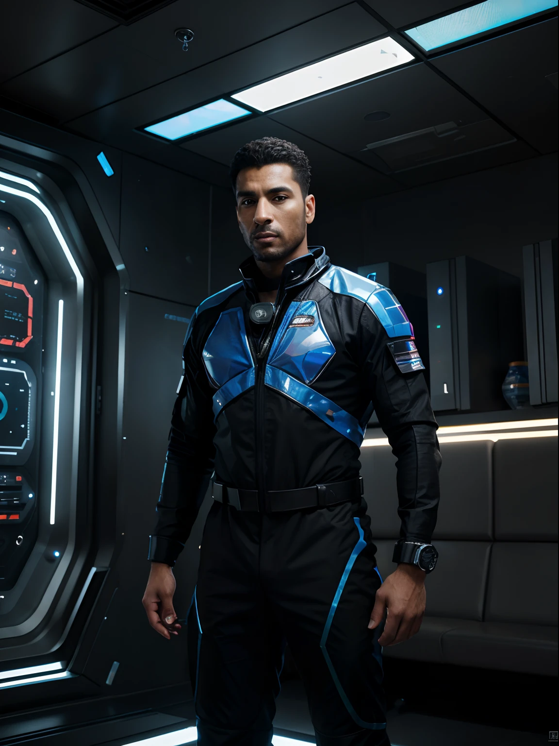 medium shot, full body portrait,best quality,4k,8k,highres,masterpiece:1.2,ultra-detailed,realistic,photorealistic:1.37,North African man,attractive facial features,dark hair and eyes,strong physique,tanned skin,chief engineer,The Expanse series,spacesuit,advanced spaceship,holographic control panels,dynamic composition,vibrant colors,futuristic lighting effects,sci-fi atmosphere,reflective surfaces