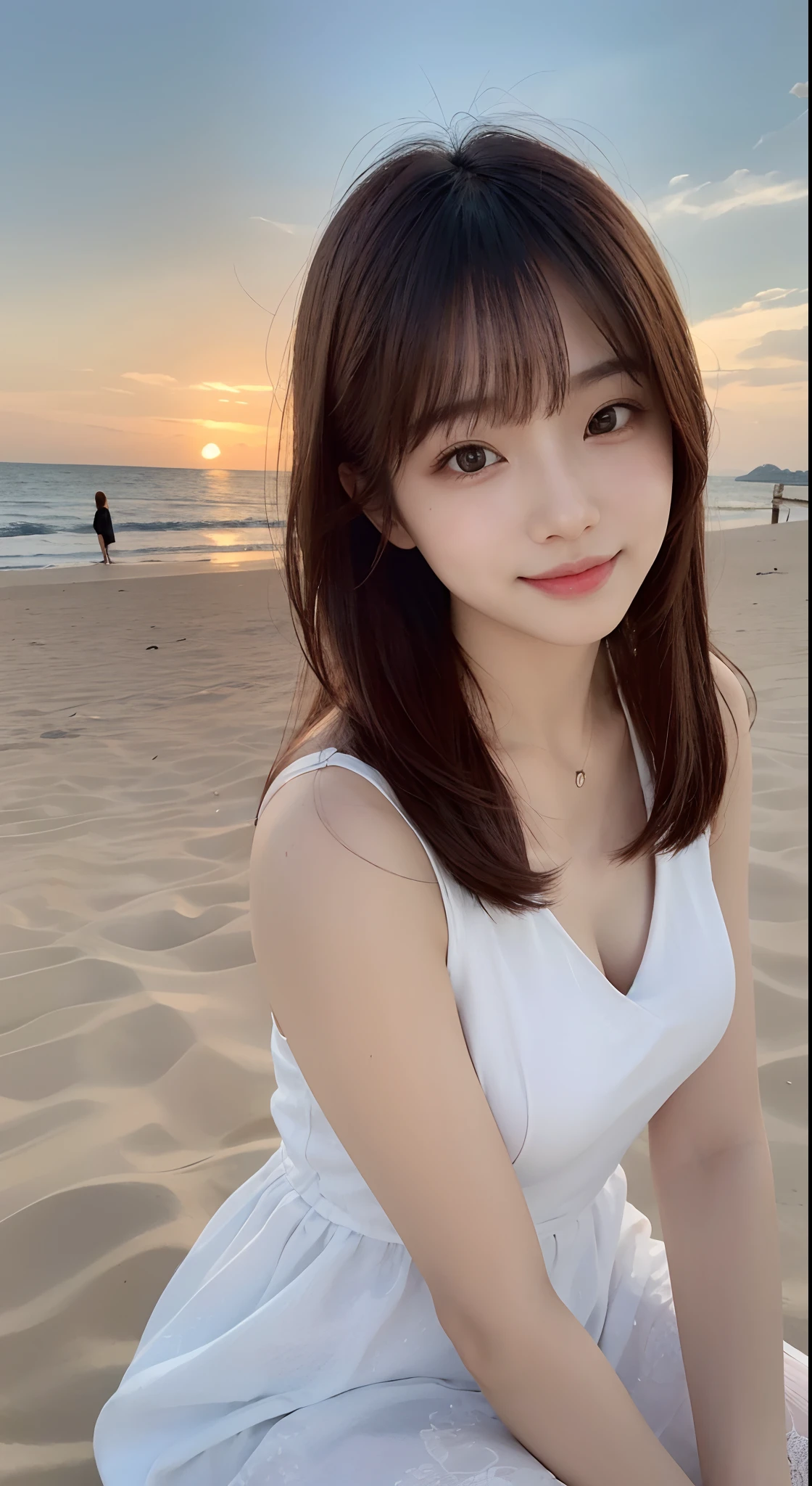 Best quality, Masterpiece, 超高分辨率, (Photorealistic:1.4), RAW photo, Seductive smile, Cute, Realistic lighting, Pink off-the-shoulders, Thoughtful, Outdoors, Long hair,