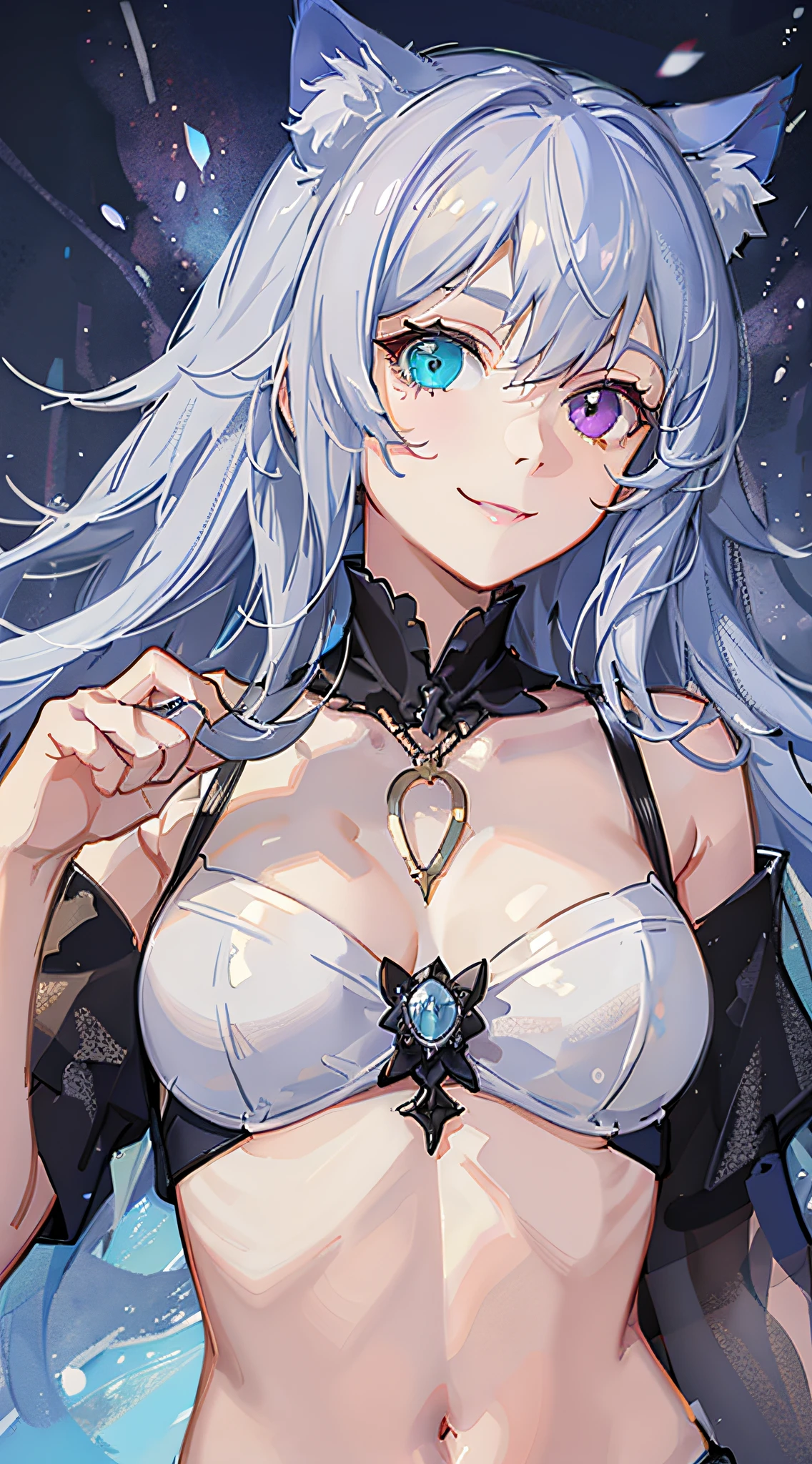 年轻, long white hair, Heterochromia, (Blue left eye, Right eye purple), White cat ears, Turquoise Top, Open chest, Tattoos, Smile, masutepiece, High quality