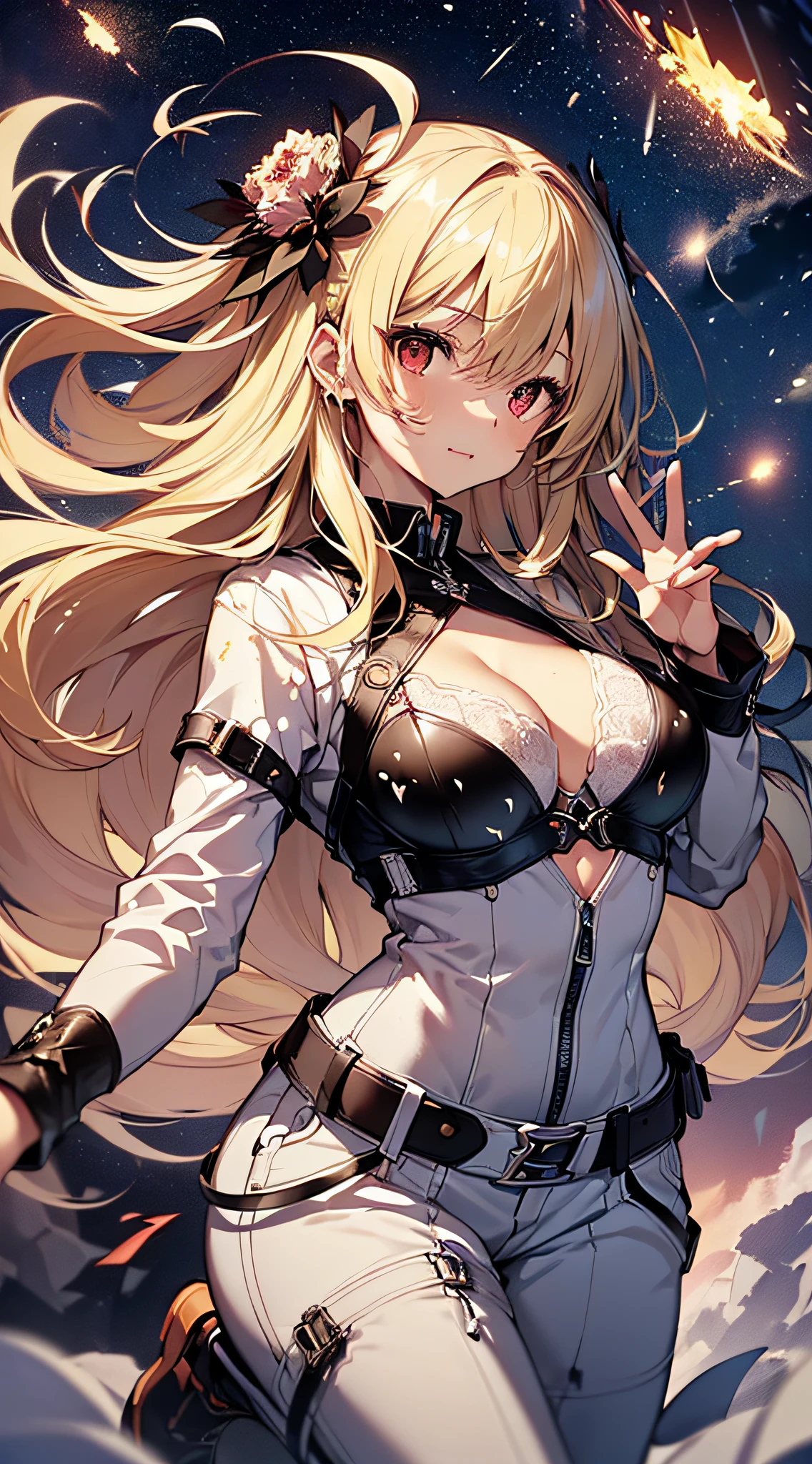 top-quality、Top image quality、masterpiece、girl with((cute little、18year old、Best Bust、Medium bust、Bust 85,Red eyes to issue、Breasts wide open,Valley、Blonde long hair、A slender、Black leather bra、White trousers、happily face、weightless、float、splatters、levitation、Hand waving motion)hiquality、Beautiful Art、Background with((sky at night、mid air、meteors)),masutepiece、Elaborate design、visualart、depth of fields、Being in the air、weightless