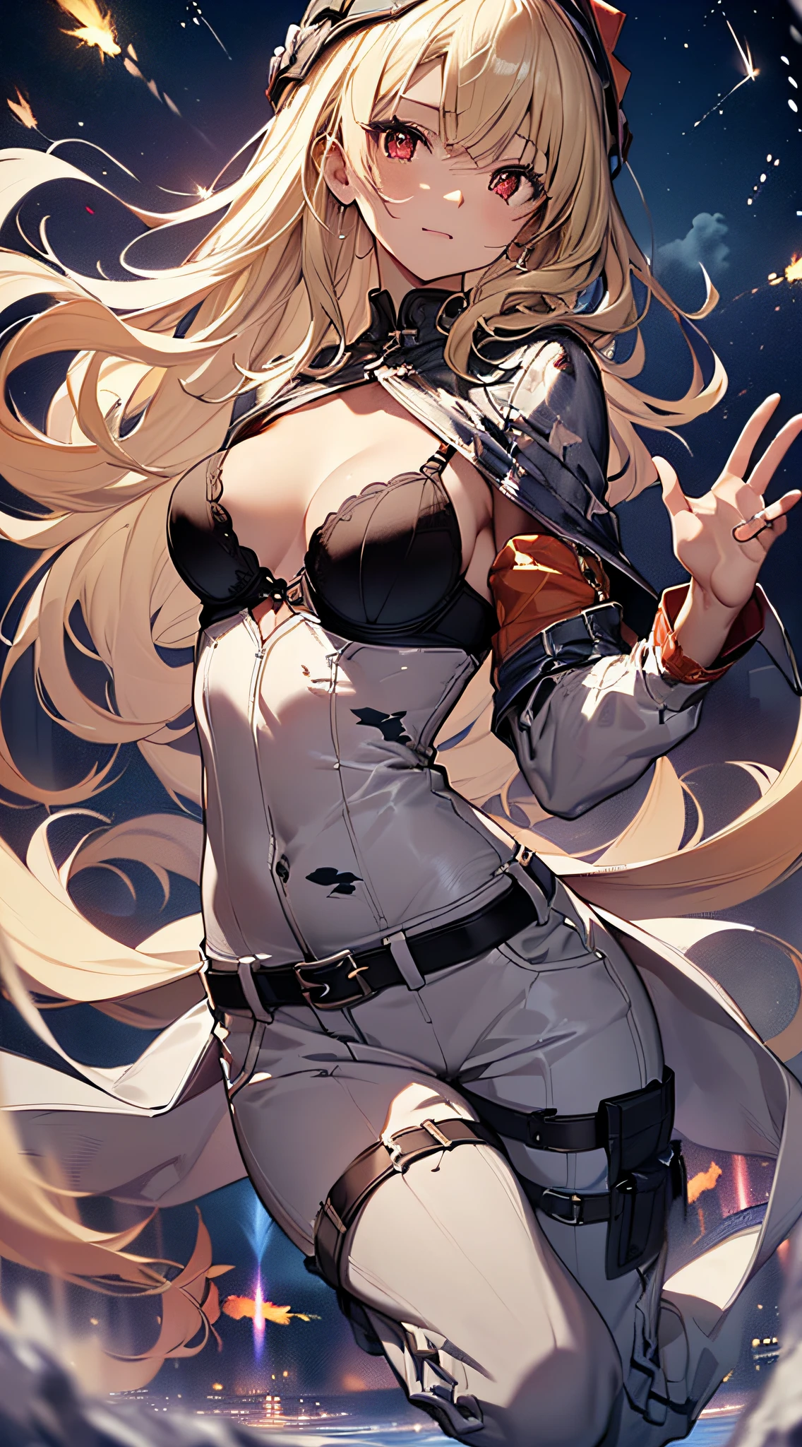 top-quality、Top image quality、masterpiece、girl with((cute little、18year old、Best Bust、Medium bust、Bust 85,Red eyes to issue、Breasts wide open,Valley、Blonde long hair、A slender、Black leather bra、White trousers、happily face、weightless、float、splatters、levitation、Hand waving motion)hiquality、Beautiful Art、Background with((sky at night、mid air、meteors)),masutepiece、Elaborate design、visualart、depth of fields、Being in the air、weightless