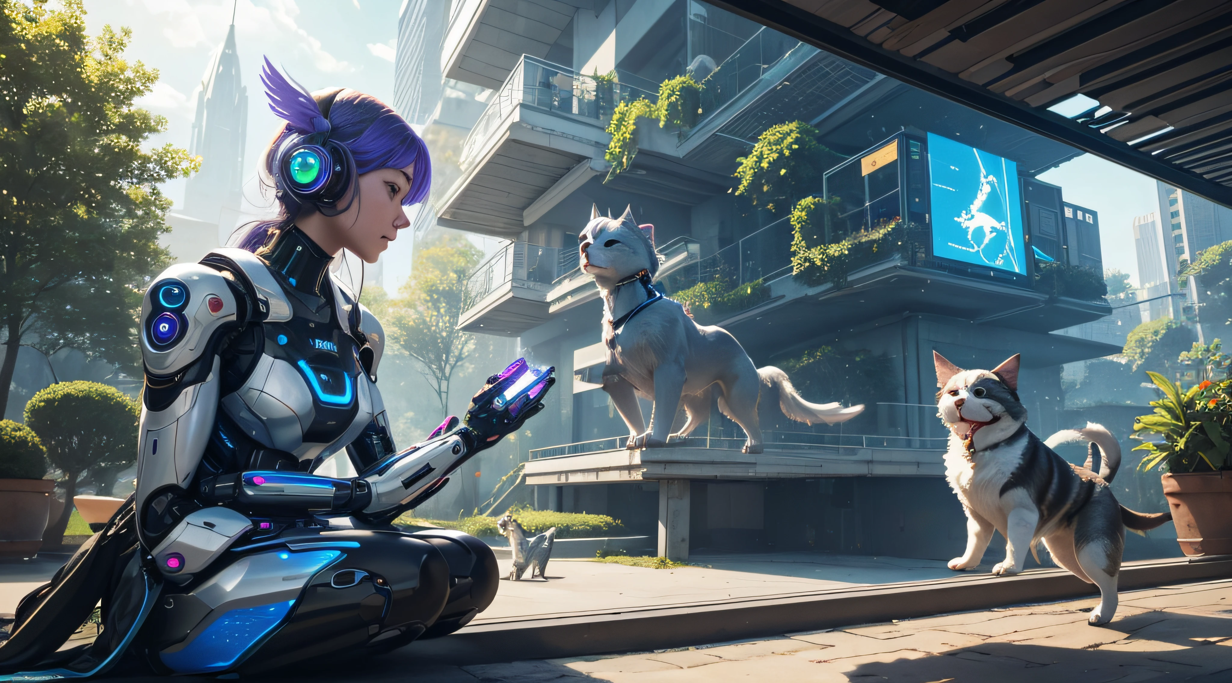 An enchanting scene where AI pets reign supreme—imagine a bustling cybernetic park filled with AI dogs chasing holographic frisbees, robotic cats gracefully lounging on levitating windowsills, and mechanical birds fluttering their wings with pixelated plumage. Amidst the artificial fauna, capture the essence of futuristic companionship, where the bond between humans and their AI pets transcends the boundaries of the ordinary. Let the colors of circuitry and the warmth of friendship blend in this AI-generated masterpiece.