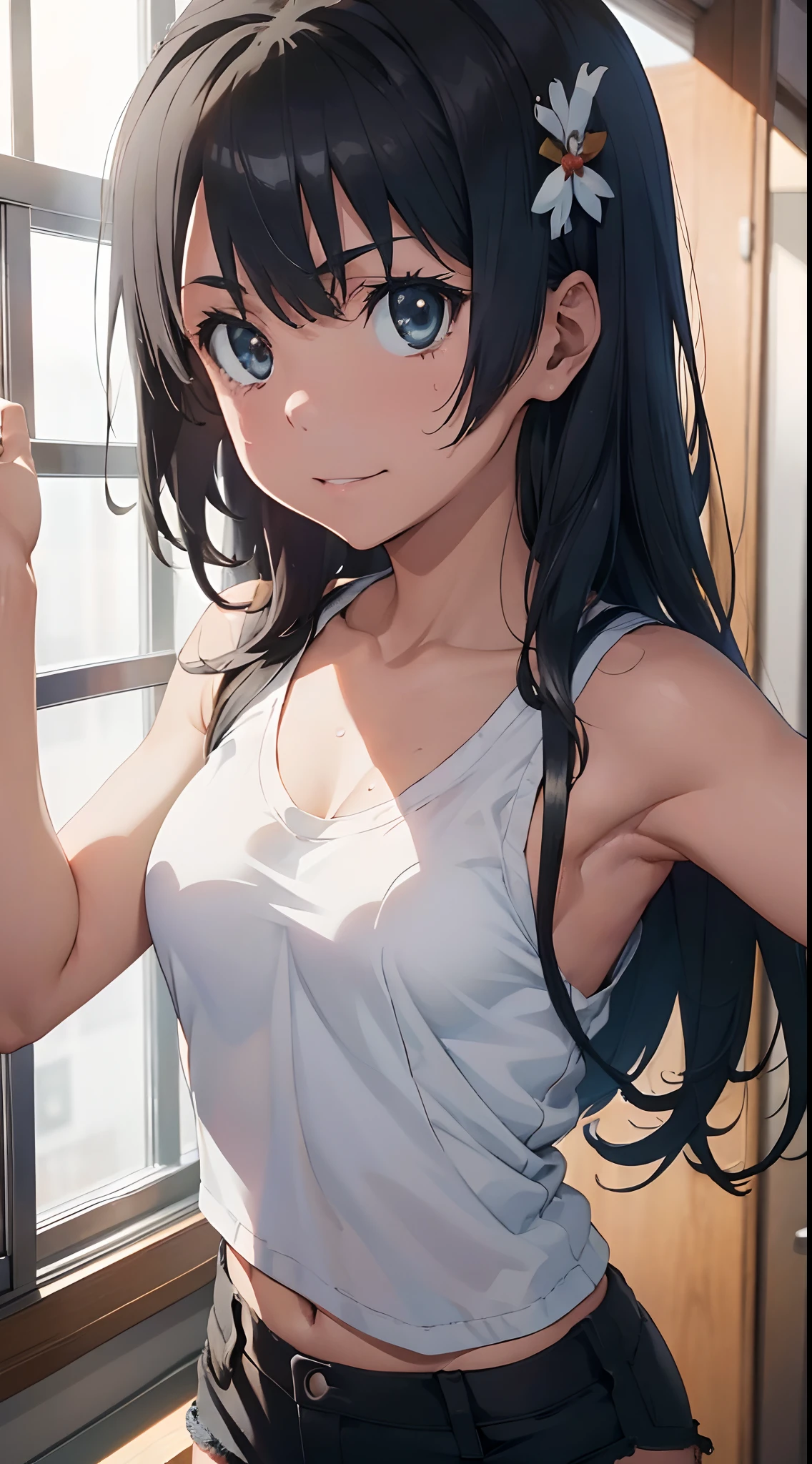 Best image quality, 8k, (Ultra-high resolution:1.5,Japanese,smile,Delicate eyes,Sensitive face,Attractive face,Long Black Hair、White tank top、Shorts、Blue Eyes