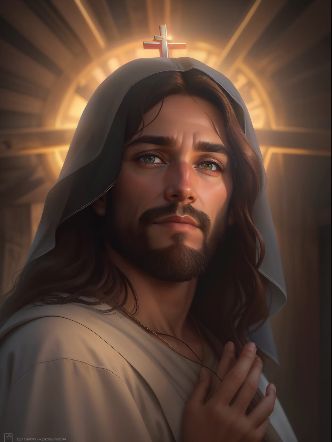 ((Realistic portrait of Our Lady mother of Jesus)), corpo inteiro, aura sagrada, cinematiclight, retratado em 4K hiperdetalhado. Um close-up de Jesus, Com amor, Olhos compassivos, barba longa, e cabelos castanhos cacheados. A luz quente destaca a figura de um homem, Looking forward with a compassionate expression. The background features a wooden cross and dark sky, retratado em 8K. The style is portrayed in a soft and cinematic way, com cores neutras e efeitos HDR. The artwork strives for high quality, com detalhes intrincados, fundos complexos, and an artistic mix of influences from Greg Rutkowski and Artgerm.