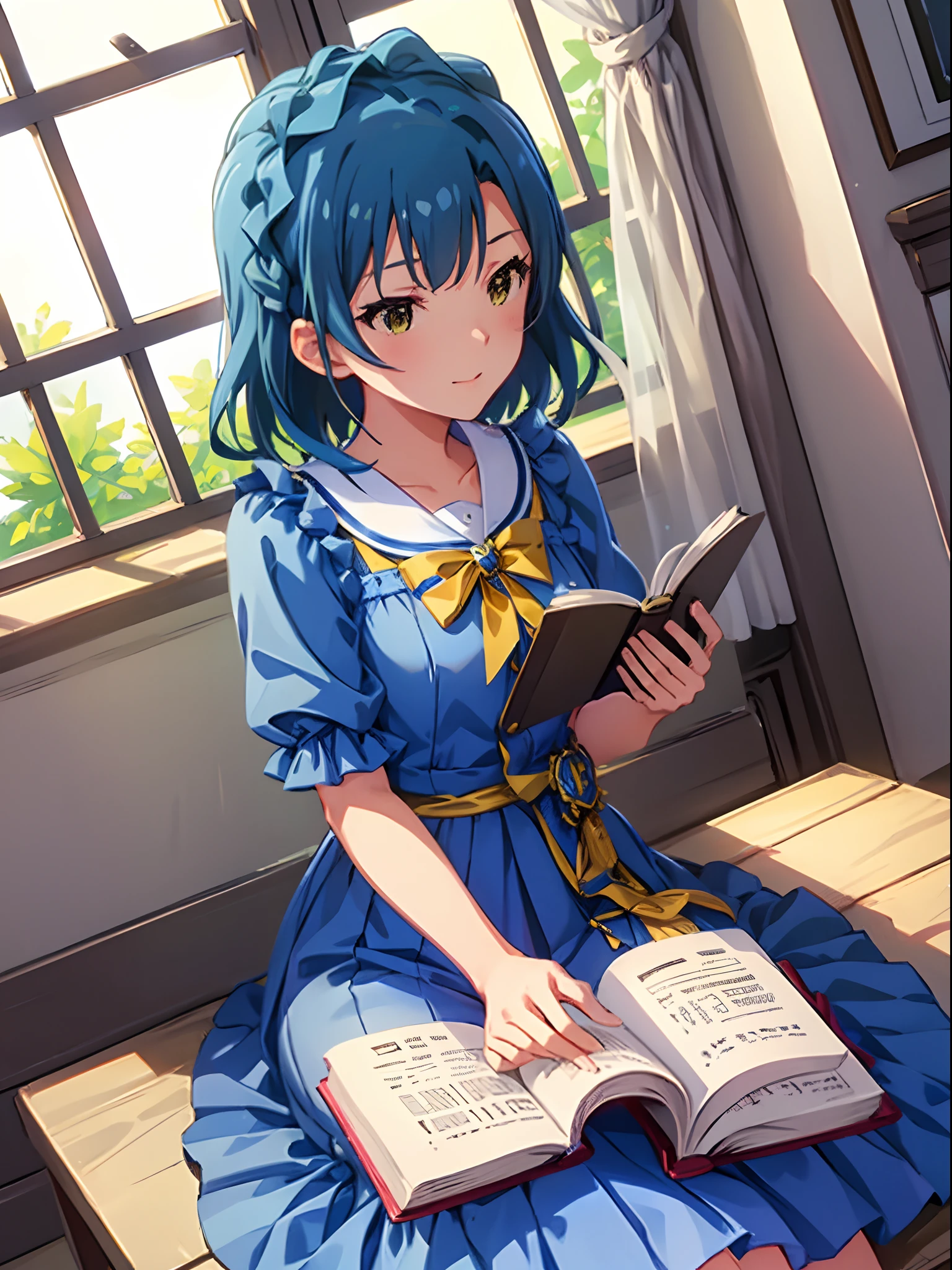 yuriko nanao (million live), 1 girl, Solo, Best Quality, masutepiece, 8K, High resolution, Ultra-detailed, lightsmile, Light blue dress, Sailor Color Dress, Short sleeves, Puffy sleeves, Yellow cardigan, sitting near the window, reading a book,