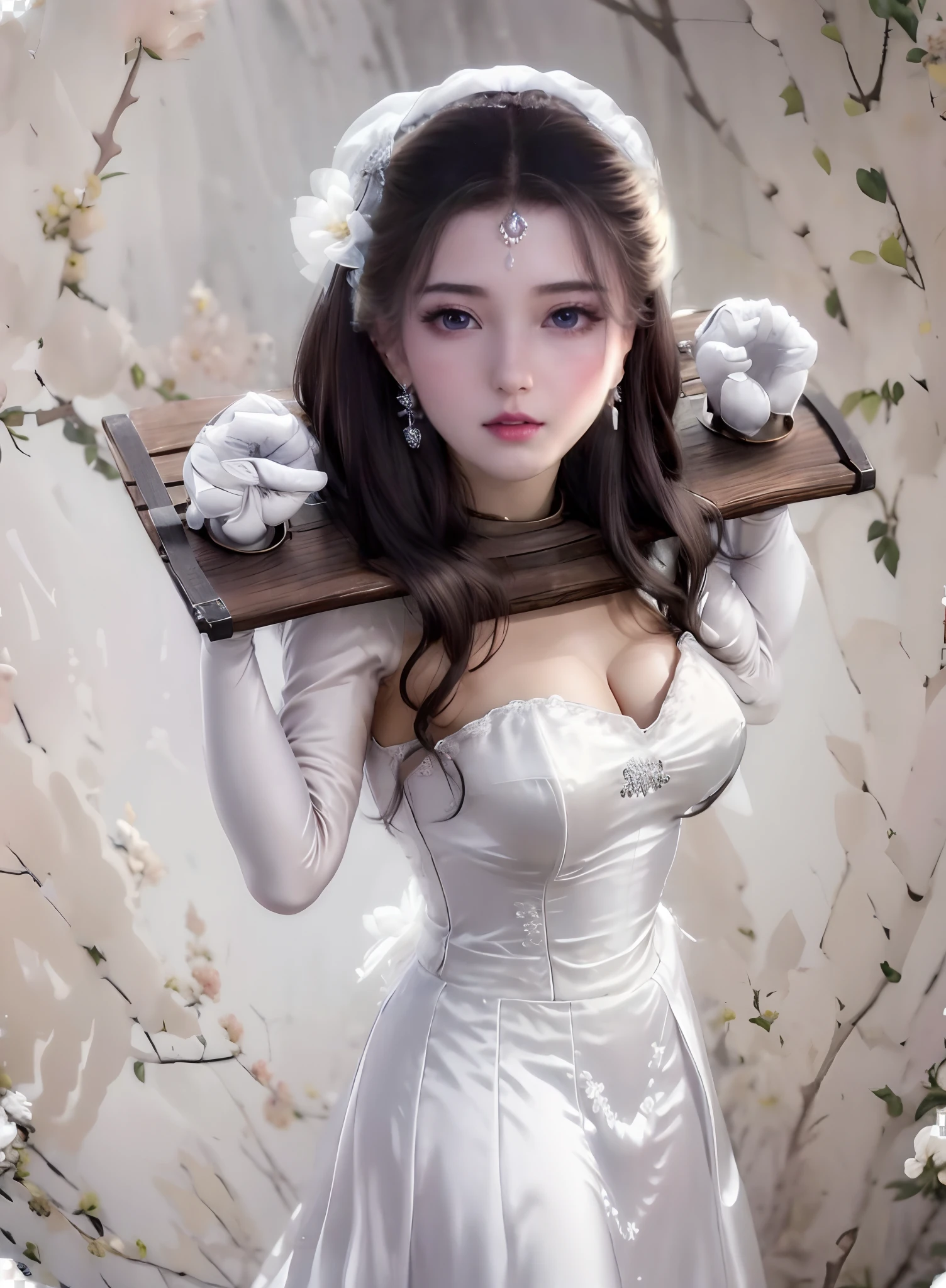 Close-up of a beautiful bride in a beautiful wedding dress, Gurvetz,( pillory:1.5), Flail on the head, Flail on the hands, Flail,(Bridal veil: 1.5), (Short transparent veil: 1.5), Flushed face, Head flower, head gear, (Tubular wedding dress: 1.5), (Silk dress: 1.2 ), (Strapless wedding dress: 1.5), Pure white dress, necklace, Earrings, (Huge breasts: 1.3), Deep V heart collar wedding dress, bangs, lipstick, (Lace gloves: 1.3), Full body photo, High detail RAW color art, a white long skirt, Whole body, with hands behind her back, and floor-length skirts,