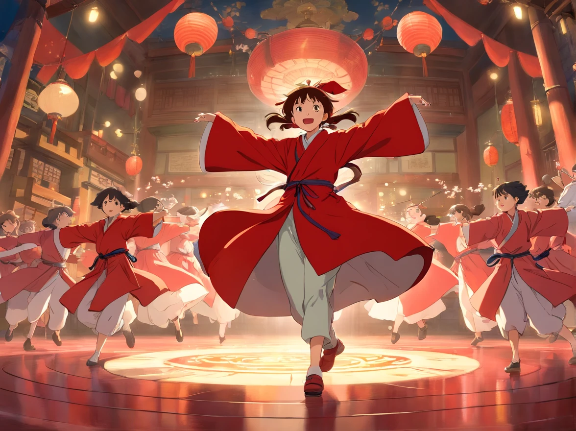 Red coat,drak,full bodyesbian,Zhuang people,dance,Gather in a circle,Enjoy the show