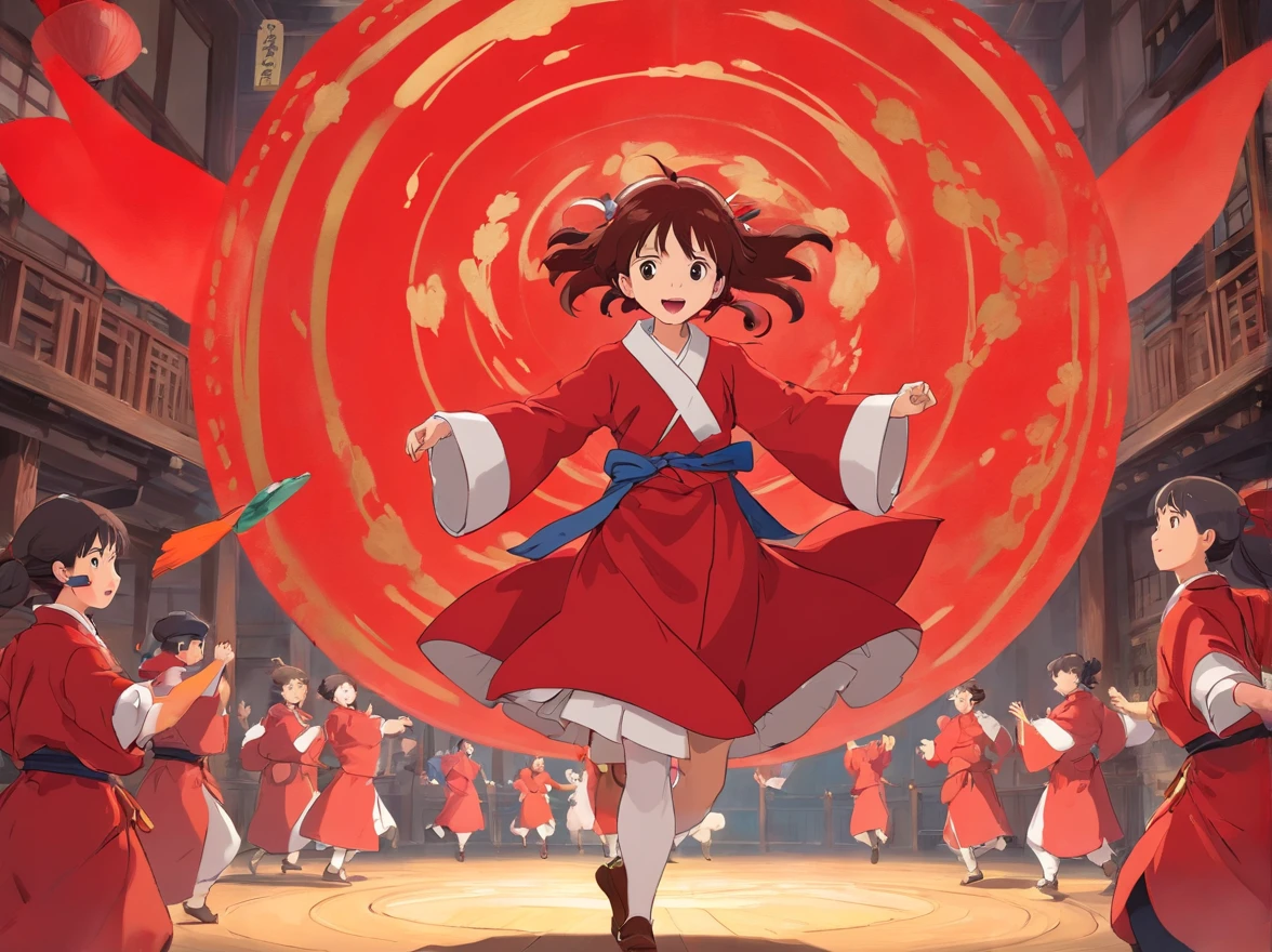 Red coat,drak,full bodyesbian,Zhuang people,dance,Gather in a circle,Enjoy the show