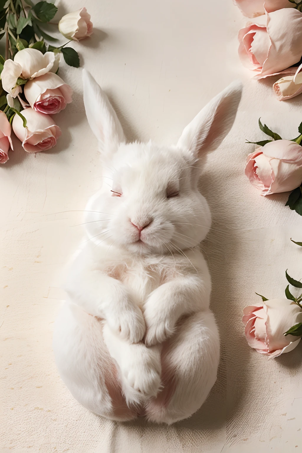 cute small white rabbit sleeping under roses