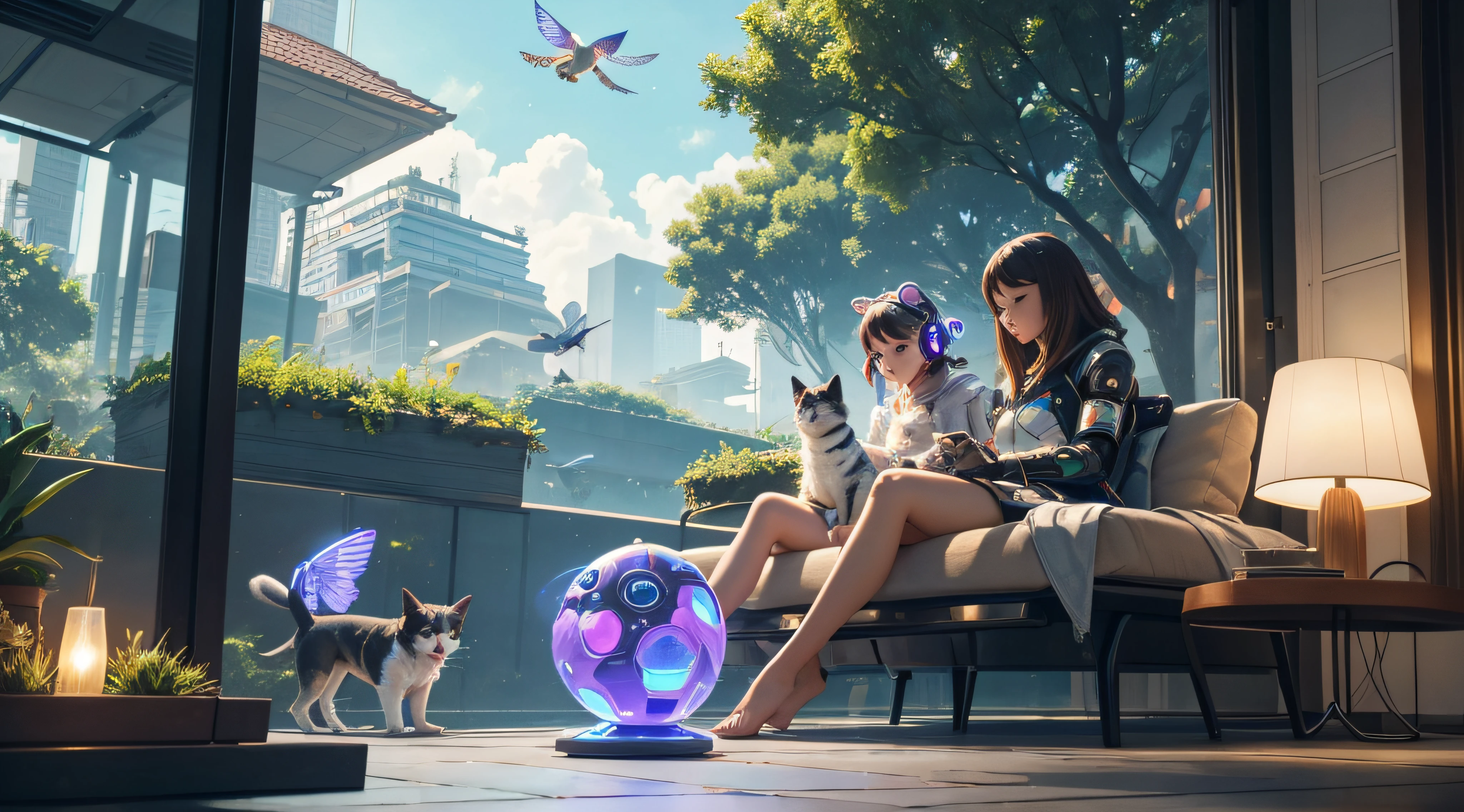 An enchanting scene where a cute AI pets reign supreme—imagine a bustling cybernetic park filled with AI dogs chasing holographic frisbees, robotic cats gracefully lounging on levitating windowsills, and mechanical birds fluttering their wings with pixelated plumage. Amidst the artificial fauna, capture the essence of futuristic companionship, where the bond between humans and their AI pets transcends the boundaries of the ordinary. Let the colors of circuitry and the warmth of friendship blend in this AI-generated masterpiece.