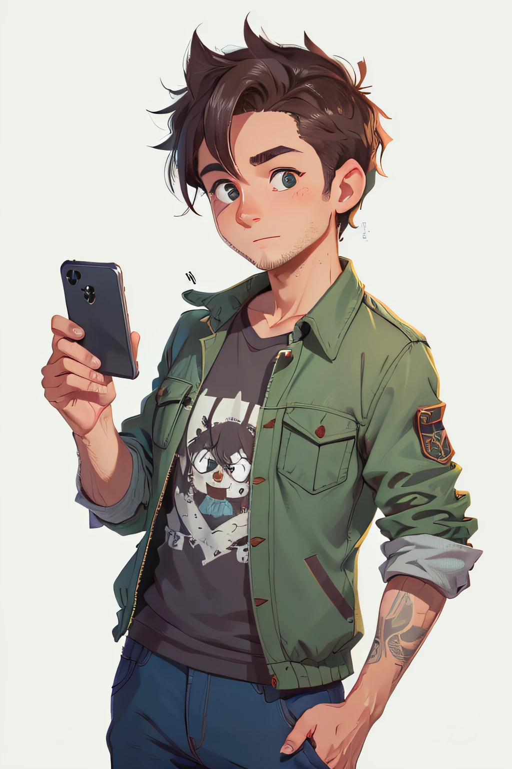 um homem de 30 anos, alto, Moreno, Cabelo e olhos castanhos. veste uma bermuda e camisa. Shows the phone in your hands.qualidade perfeita, Foco claro , (obra-prima: 1.2) (realista: 1.2) (melhor qualidade) (pele detalhada: 1.3) (8k) (olhos de detalhe) (foco nítido), (Feliz)
