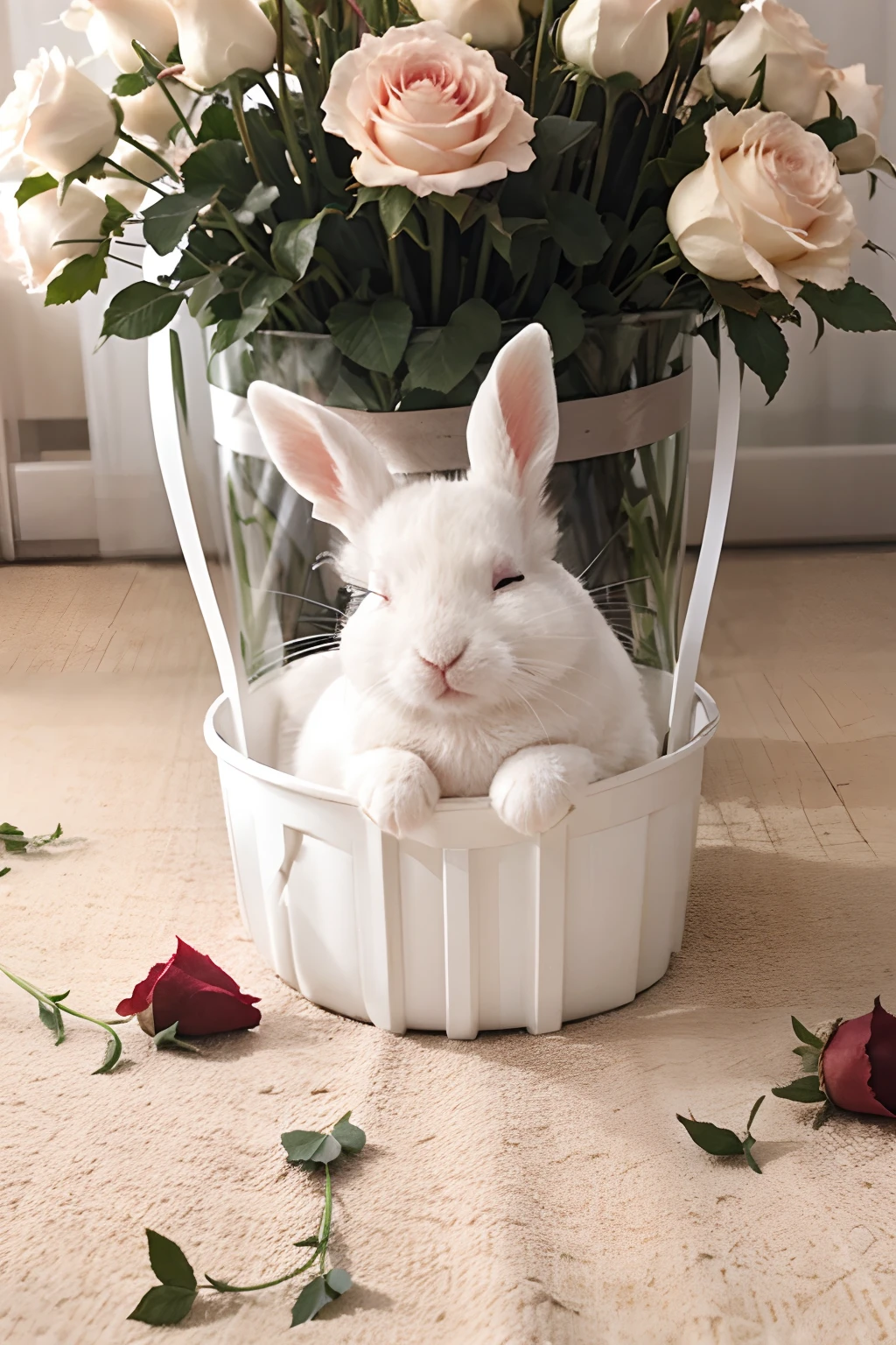 cute small white rabbit sleeping under roses