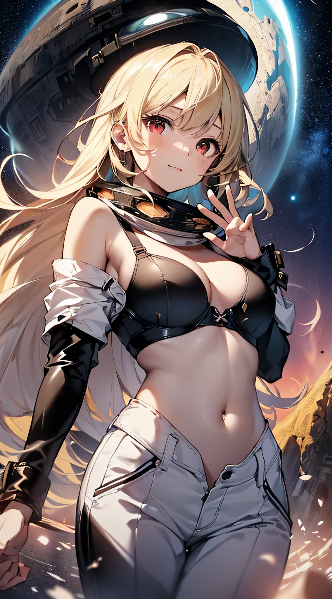top-quality、Top image quality、masterpiece、girl with((cute little、18year old、Best Bust、Medium bust、Bust 85,Red eyes to issue、Breasts wide open,Valley、Blonde long hair、A slender、Black leather bra、White trousers、happily face、weightless、float、splatters、levitation、Hand waving motion)hiquality、Beautiful Art、Background with((sky at night、mid air、meteors、black hole)),masutepiece、Elaborate design、visualart、depth of fields、Being in the air、weightless