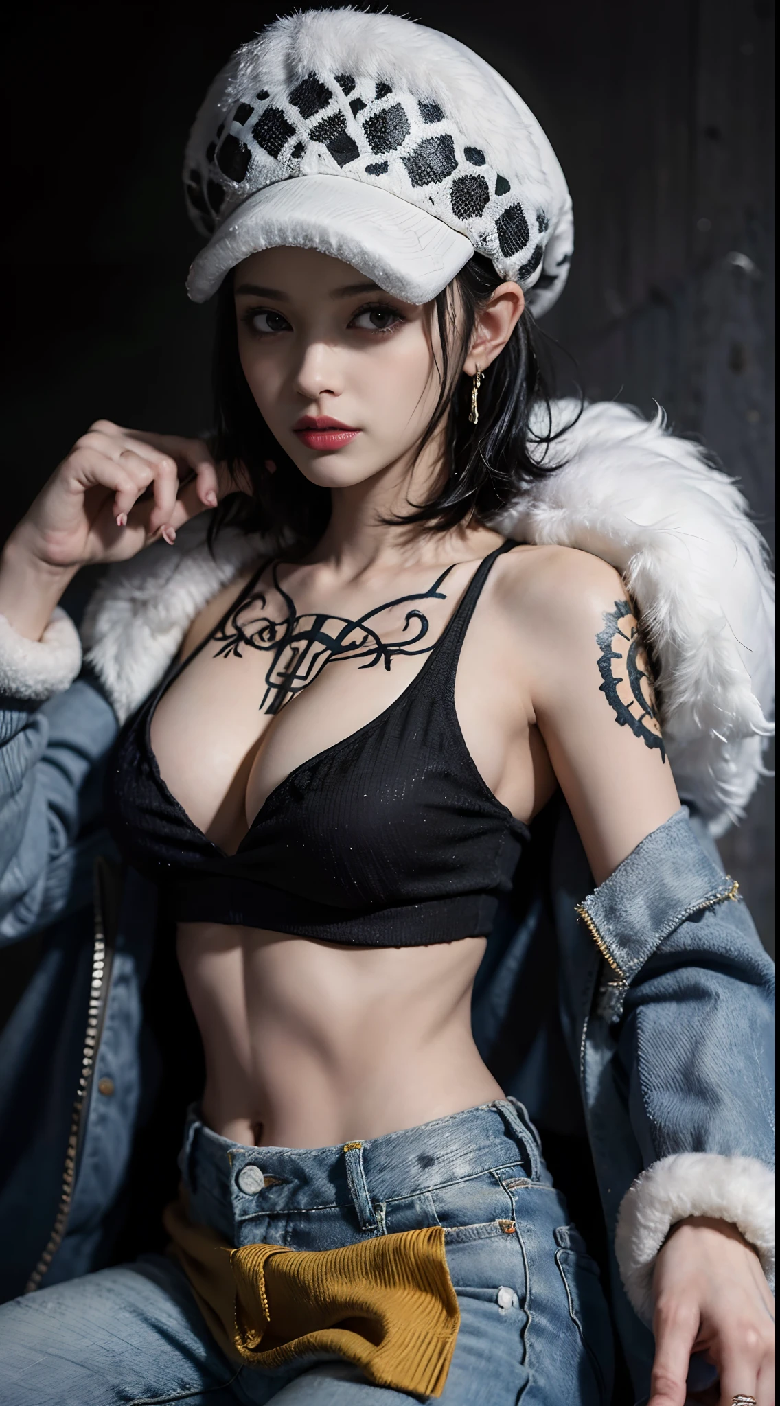 masterpiece, best quality, 8k,highestres, absurdres, extremely detailed, female trafalgar law, 1girl, 1sword, solo, looking at viewer, short hair, medium breasts, hat, navel, cleavage, collarbone, earrings, midriff, pants, coat, fur trim, denim, jeans, shoulder tattoo, hand tattoo, finger tattoo, black fur-trimmed coat, coat on shoulders, yellow tank top,///,