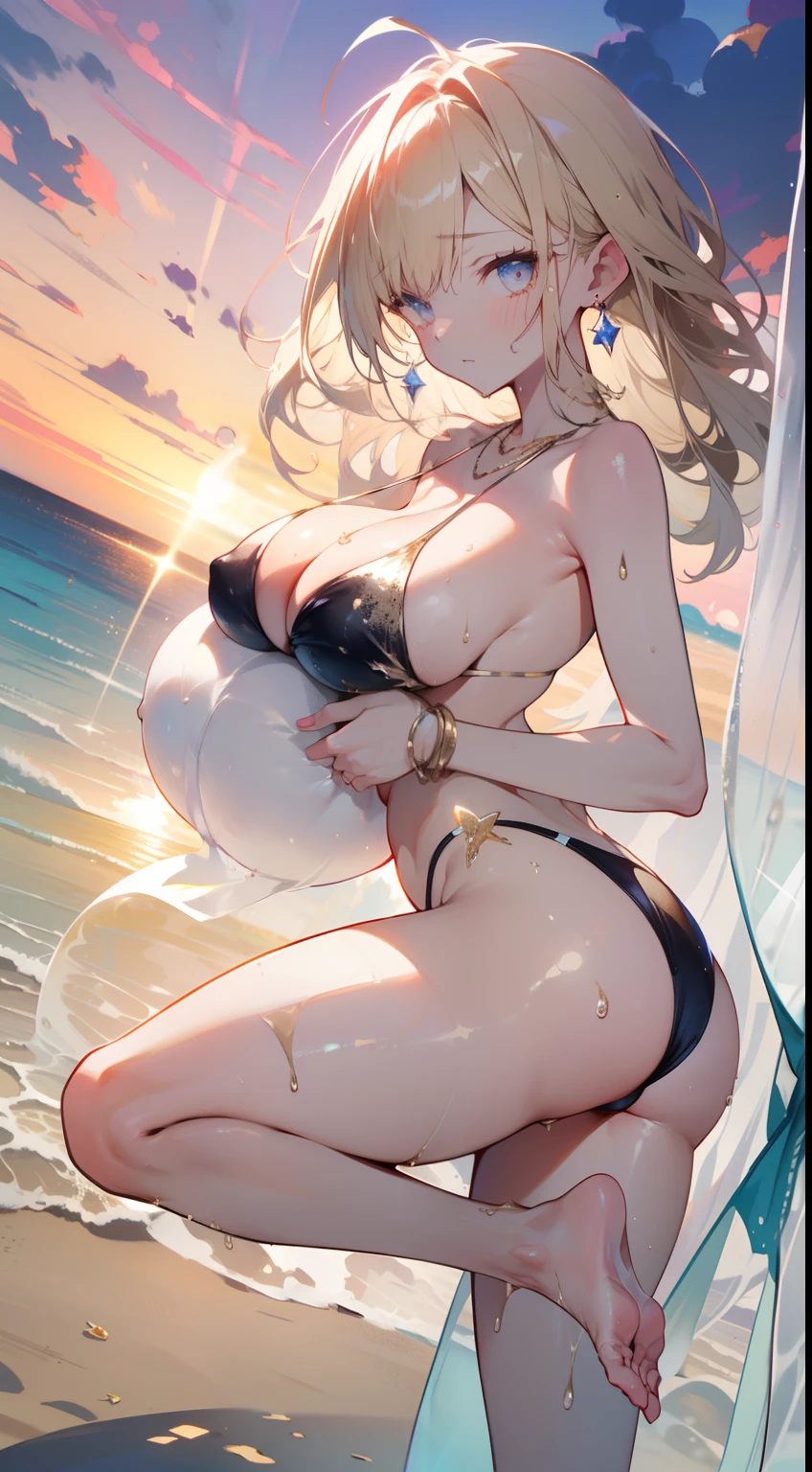 1 beauty, (Light Purple Eyeshadow),Platinum Blonde Perm Hair、(thick neck:1.3)、(broad shoulders:1.4)、(Smaller face)、(pointed breast:1.6)、Model body type:1.2、(She jumps on both feet:1.4)、frombelow、Sharp eyes、Watery Big Eyes、(Wide-eyed and surprised face:1.2)、Wet whole body, ((Champagne Gold Bikini Swimsuit:1.4)),(wet and disheveled hair,:1.4)、(Heavy sweat on the face:1.2), Splattering splashes shine:2, fine splashes on the body、(facefocus:1.4)、(Platinum necklace and large earrings)、(Sandy beach at dusk:1.4)、Sunset