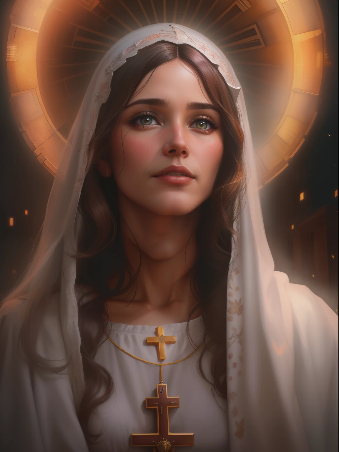 ((Realistic portrait of Our Lady mother of Jesus)), corpo inteiro, aura sagrada, cinematiclight, retratado em 4K hiperdetalhado. Um close-up de Jesus, Com amor, Olhos compassivos, barba longa, e cabelos castanhos cacheados. A luz quente destaca a figura de um homem, Looking forward with a compassionate expression. The background features a wooden cross and dark sky, retratado em 8K. The style is portrayed in a soft and cinematic way, com cores neutras e efeitos HDR. The artwork strives for high quality, com detalhes intrincados, fundos complexos, and an artistic mix of influences from Greg Rutkowski and Artgerm.
