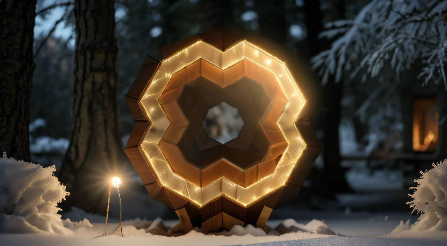 cozy hut in snowy landscape, christmas decorations, fairy lights, woods, forest, trees in background, fantasy, Cinematic, Fujifilm Superia, Side-View, Depth of Field, DOF, Ray Tracing Reflections, Screen Space Reflections HD