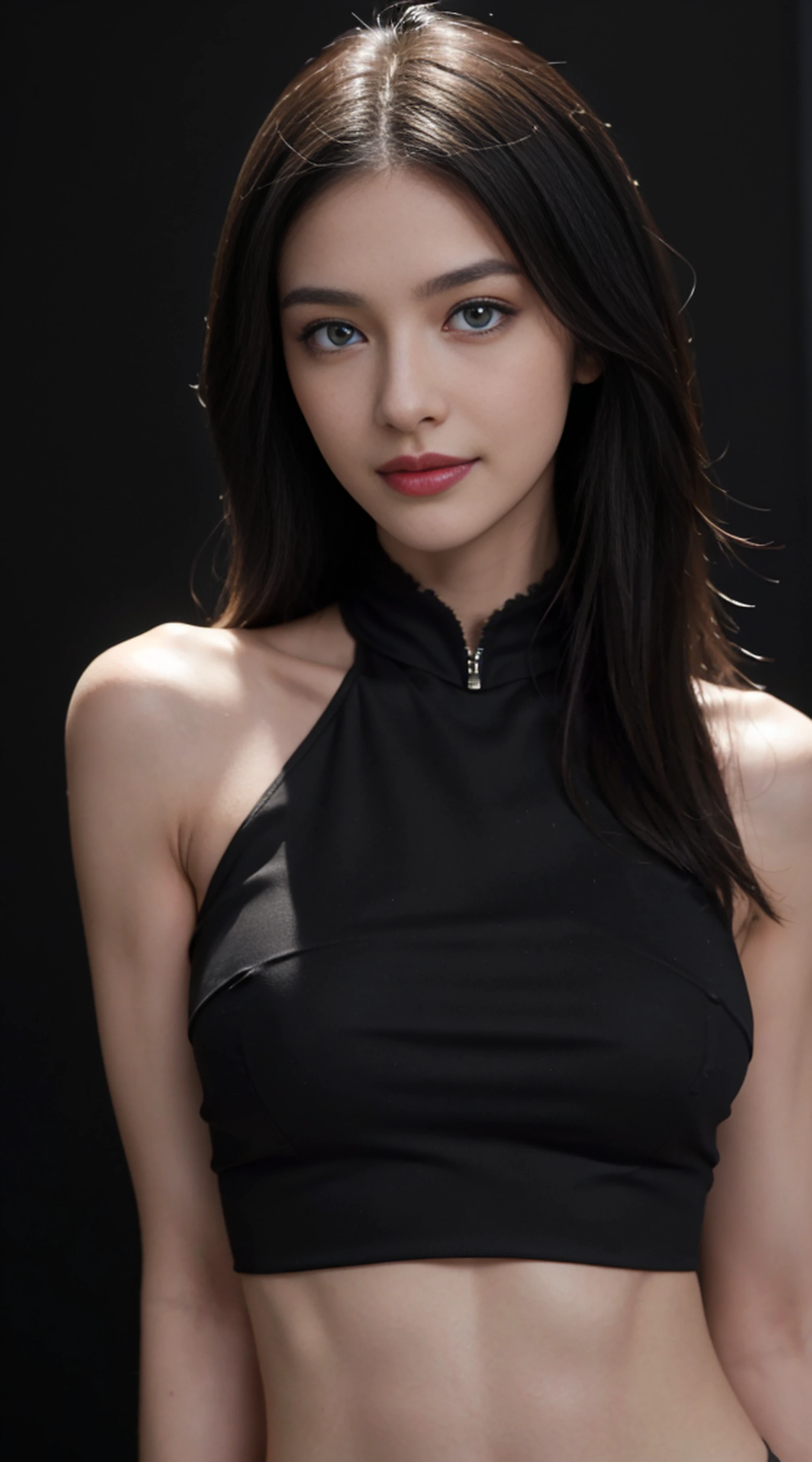 8K, Top Quality, Intricate Details, Ultra Detail, Ultra High Resolution, Masterpiece, random angle, Slender, Smile, (Makeup: 0.4), (Fluffy Blue Eyes: 1.21), blue Eyes, looking at viewer, ((full body)), 1girl, solo, 1 girl, (( full body)), close up shot, , ((tall)), (((fit body))), (((slim face))), sharp face, sharp eyes, (((black hair, )) , (detailed face), sharp face, small lips,
(( )), ((ripped crop top)), detailed face, detailed breast, , large breast, detail ass, , Beautiful girl with accentuated slender abs: 1.4, Six Pack Abs: 1.4, Bust Botox, Big, Perfect Body, detail leg, (( dark background)), black background,