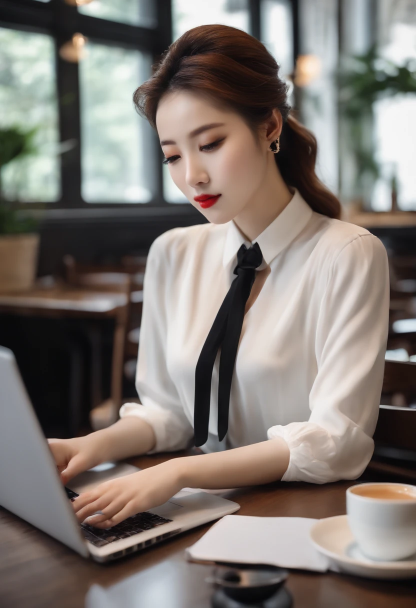 Milk-tea-colored up-do hair、White shirt、cleavage of the breast、Black tight mini skirt、Sitting in a café、Laptop and coffee on the table、Working on a laptop、Eyes on the laptop、realistic、Realistic Hallyu Beauty
