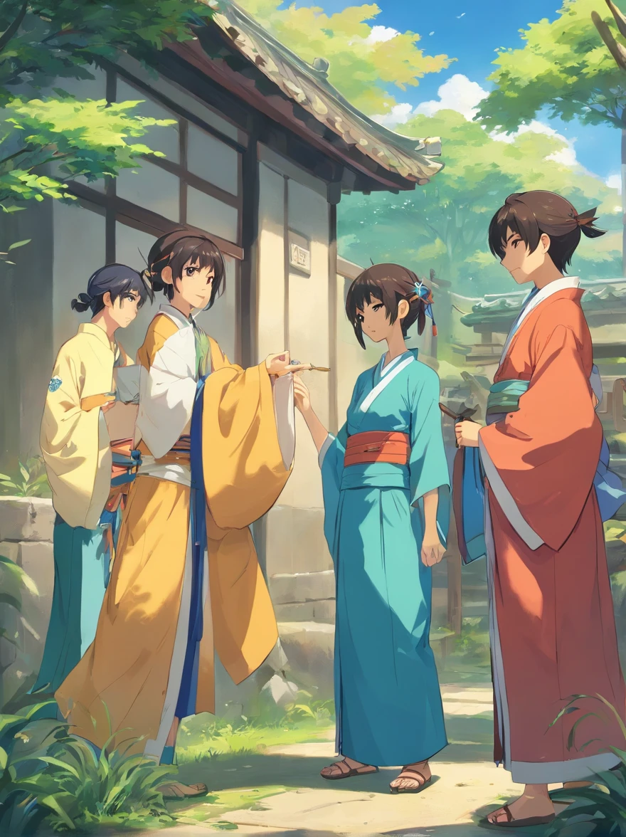 Zhuang gathering site，Wise men discuss countermeasures，The wise men of the Zhuang people began to look for a solution to the problem of pests，Sophist 1：We had to find a way to repel pests，Sophist 2：against！We want to protect our crops。（People dressed in Zhuang costumes）