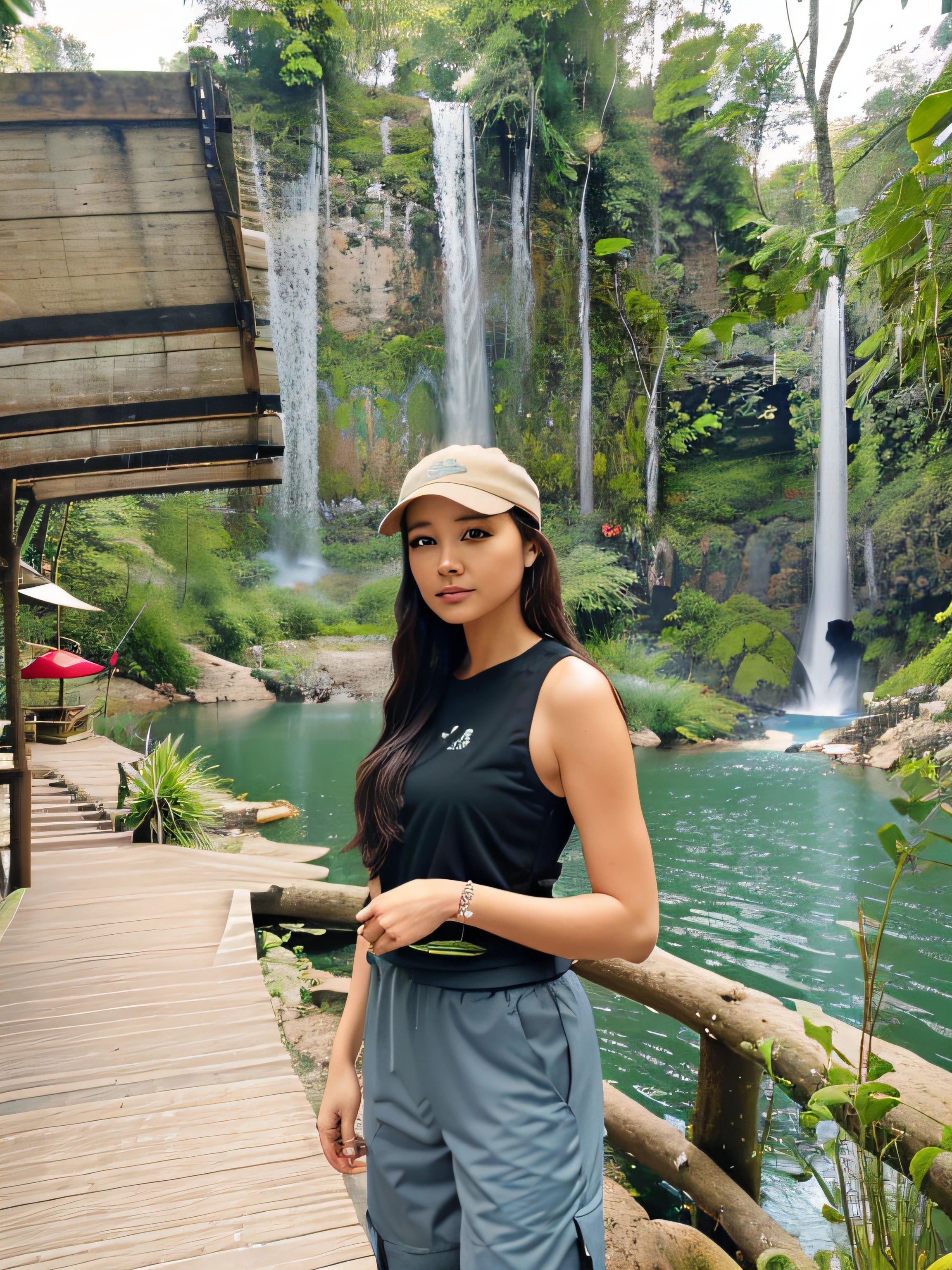 there is a woman standing on a walkway near a river, in front of a forest background, river in the background, next to a waterfall, waterfall in the background, she is wearing a black tank top, waterfalls in the background, in a tropical forest, standing near a waterfall, lake in the background, with a park in the background