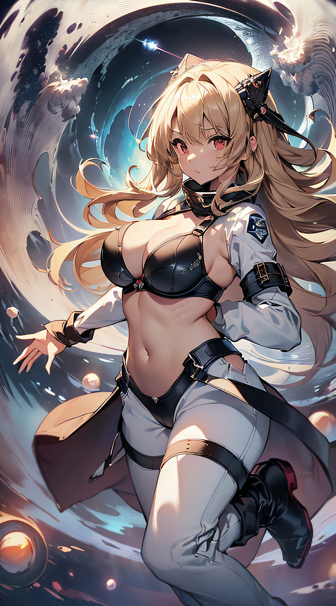 top-quality、Top image quality、masterpiece、girl with((cute little、18year old、Best Bust、Medium bust、Bust 85,Red eyes to issue、Breasts wide open,Valley、Blonde long hair、A slender、Sexy costume、Black leather bra、White trousers、happily face、weightless、float、splatters、levitation、Hand waving motion、Rear view)hiquality、Beautiful Art、Background with((sky at night、mid air、meteors、black hole)),masutepiece、Elaborate design、visualart、depth of fields、Being in the air、weightless