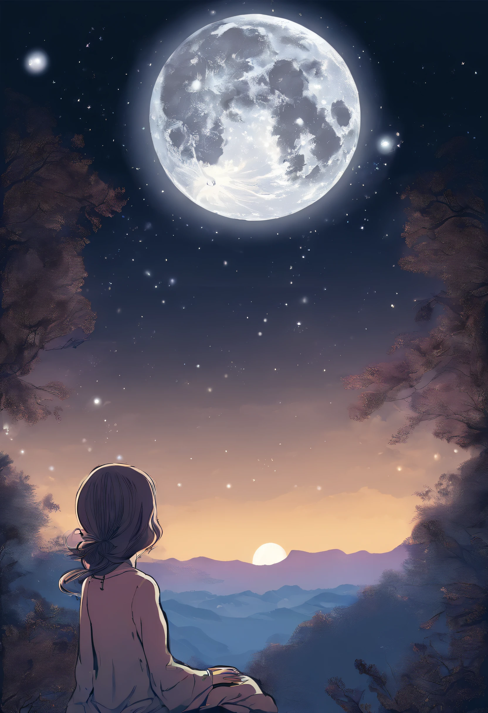 Full Moon Sky、nigh sky、Girl looking up at the sky