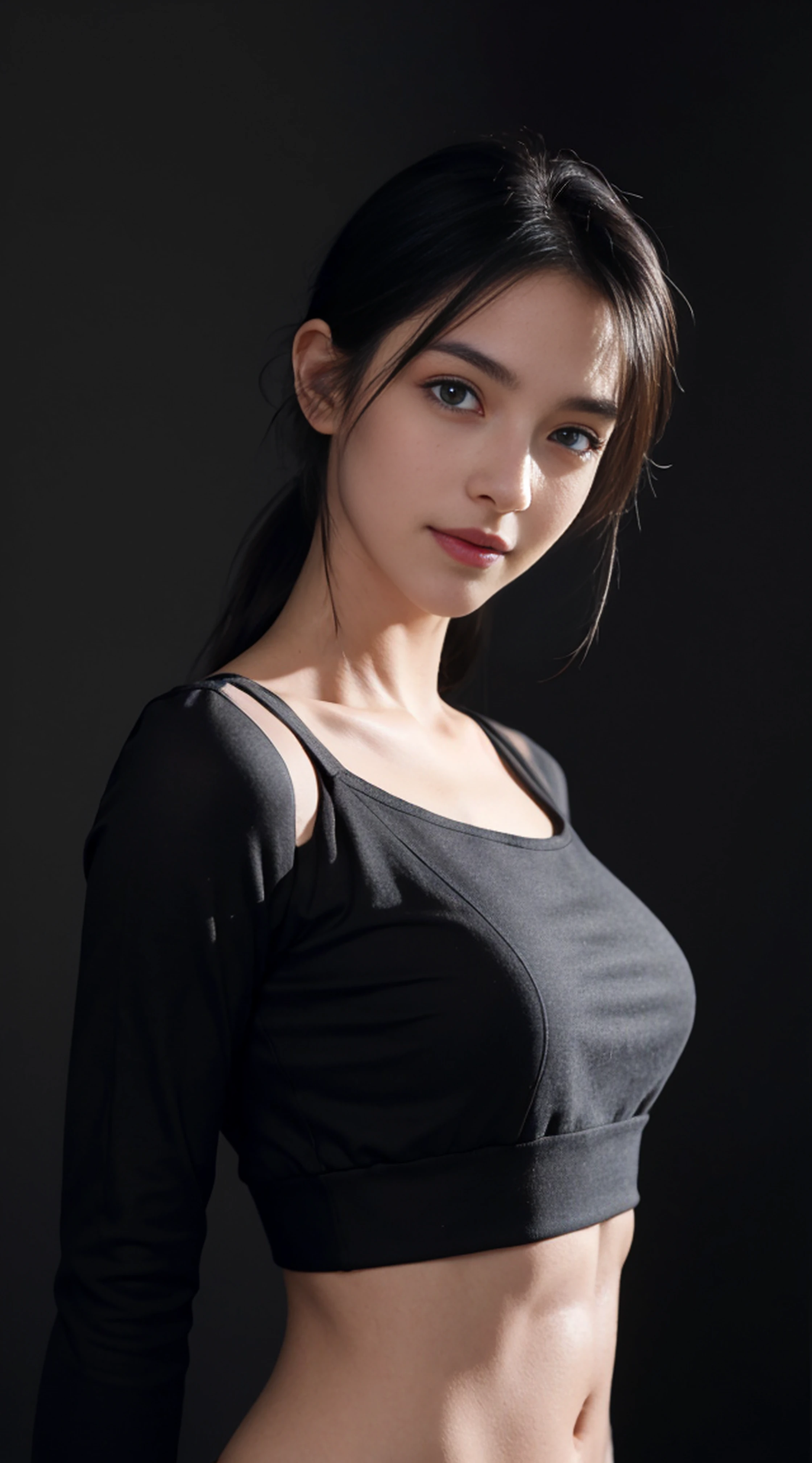(8k, RAW photo, realistic: 1.25), (lip gloss, eyelash, shiny face, shiny skin, highest quality, ultra high resolution, written boundary depth, sportswear,chromatic aberration, dancer style wear,caustics, wide lighting range, natural shading, K-POPアイドル) Stare at the viewer with the calm happiness of a goddess.,