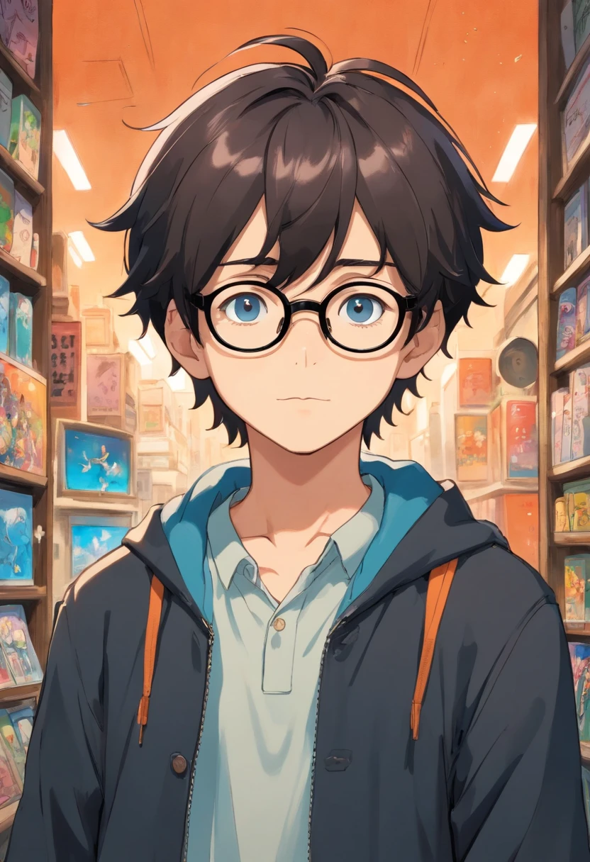 Young boy in love with manga, cabelo cacheado, com roupa estilosa, Modern Black Frame Glasses, olhos azulados claro, de perfil