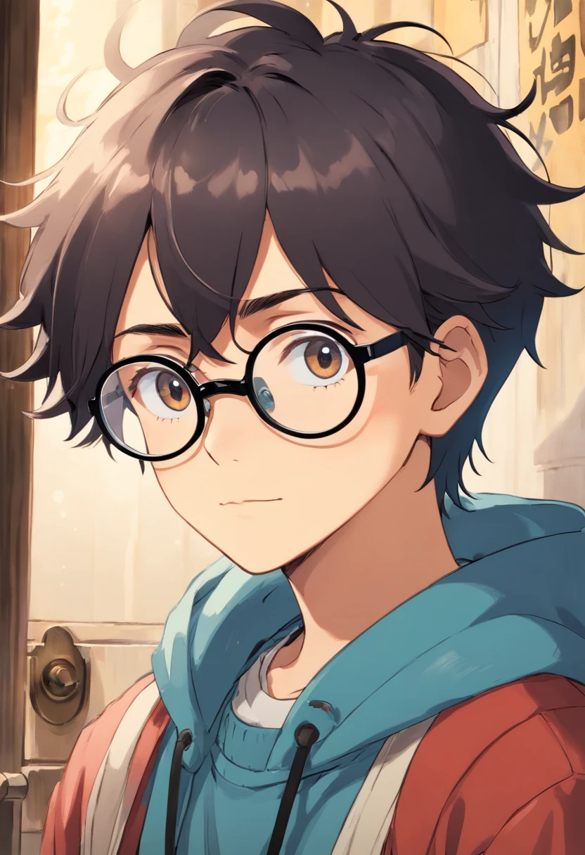 Young boy in love with manga, cabelo cacheado, com roupa estilosa, Modern Black Frame Glasses, olhos azulados claro, de perfil