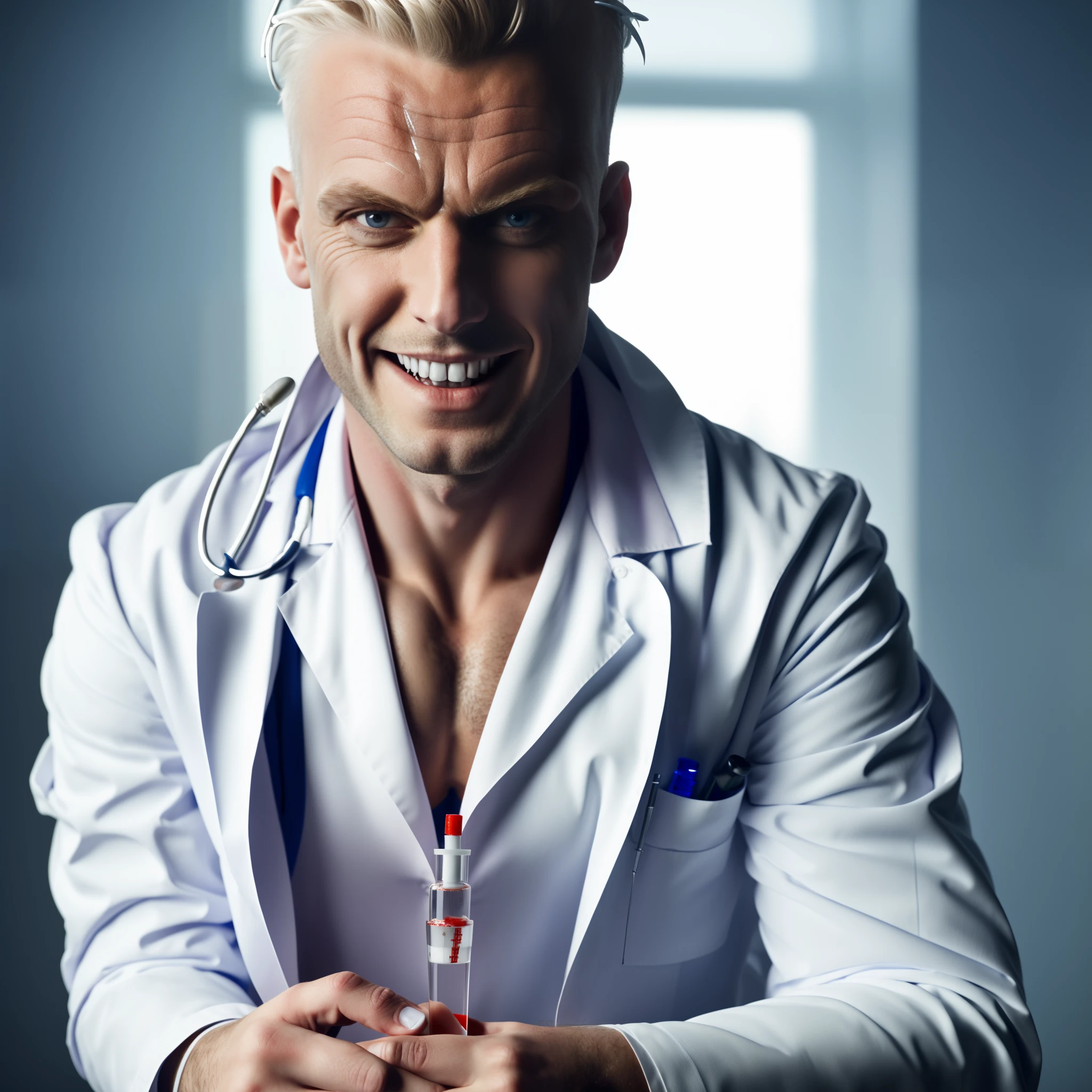 a sadistic white_skin devilish doctor is ready to inject you serum with a syringe. On his face a diabolic naughty grin. Satanic eyes. 8k high definition, highest quality, skin texture, masterpiece, best quality, perfect lighting, cinematic lighting, (sharp focus:1.2), HDR, ultra-detailed