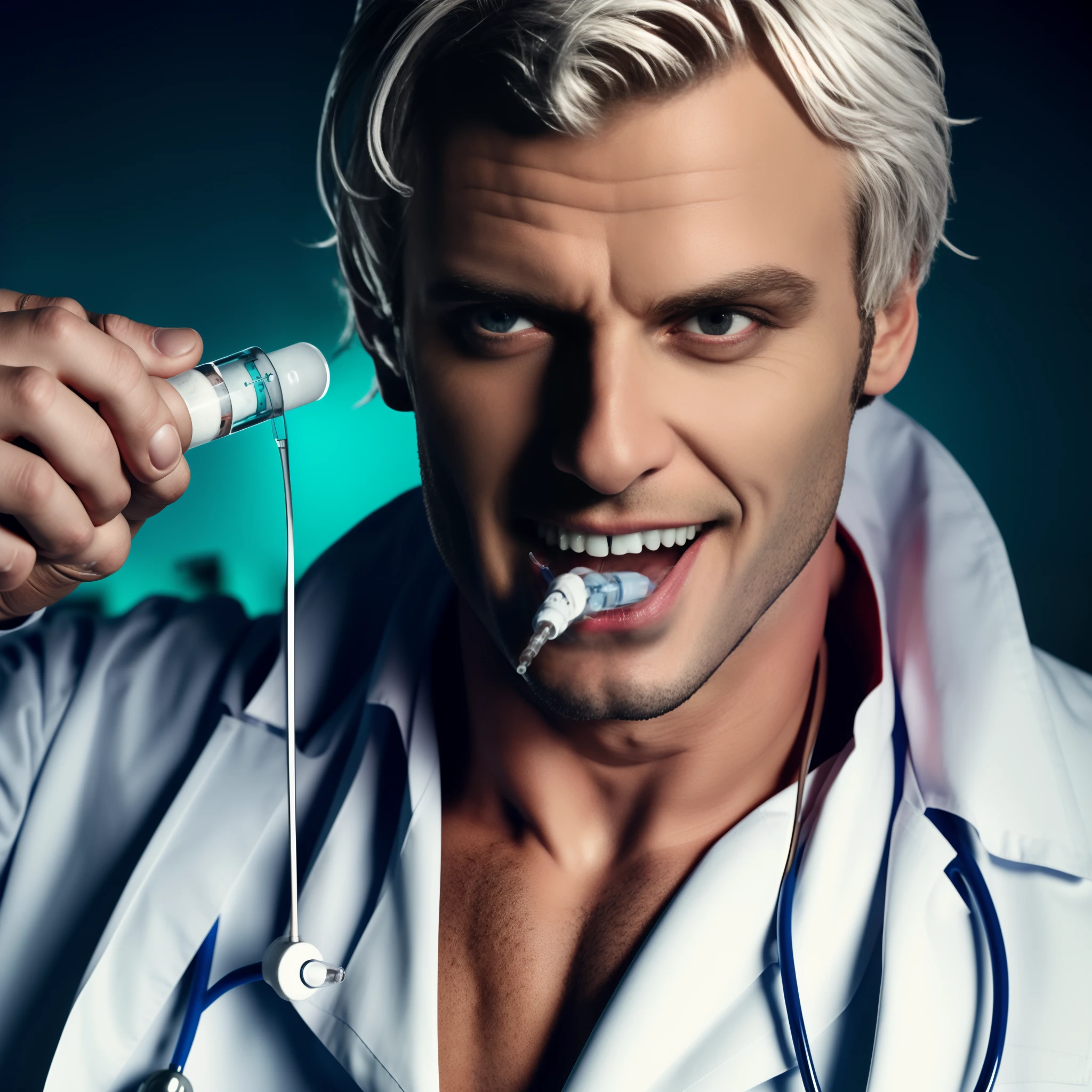 a sadistic white_skin devilish doctor is ready to inject you serum with a syringe. On his face a diabolic naughty grin. Satanic eyes. 8k high definition, highest quality, skin texture, masterpiece, best quality, perfect lighting, cinematic lighting, (sharp focus:1.2), HDR, ultra-detailed