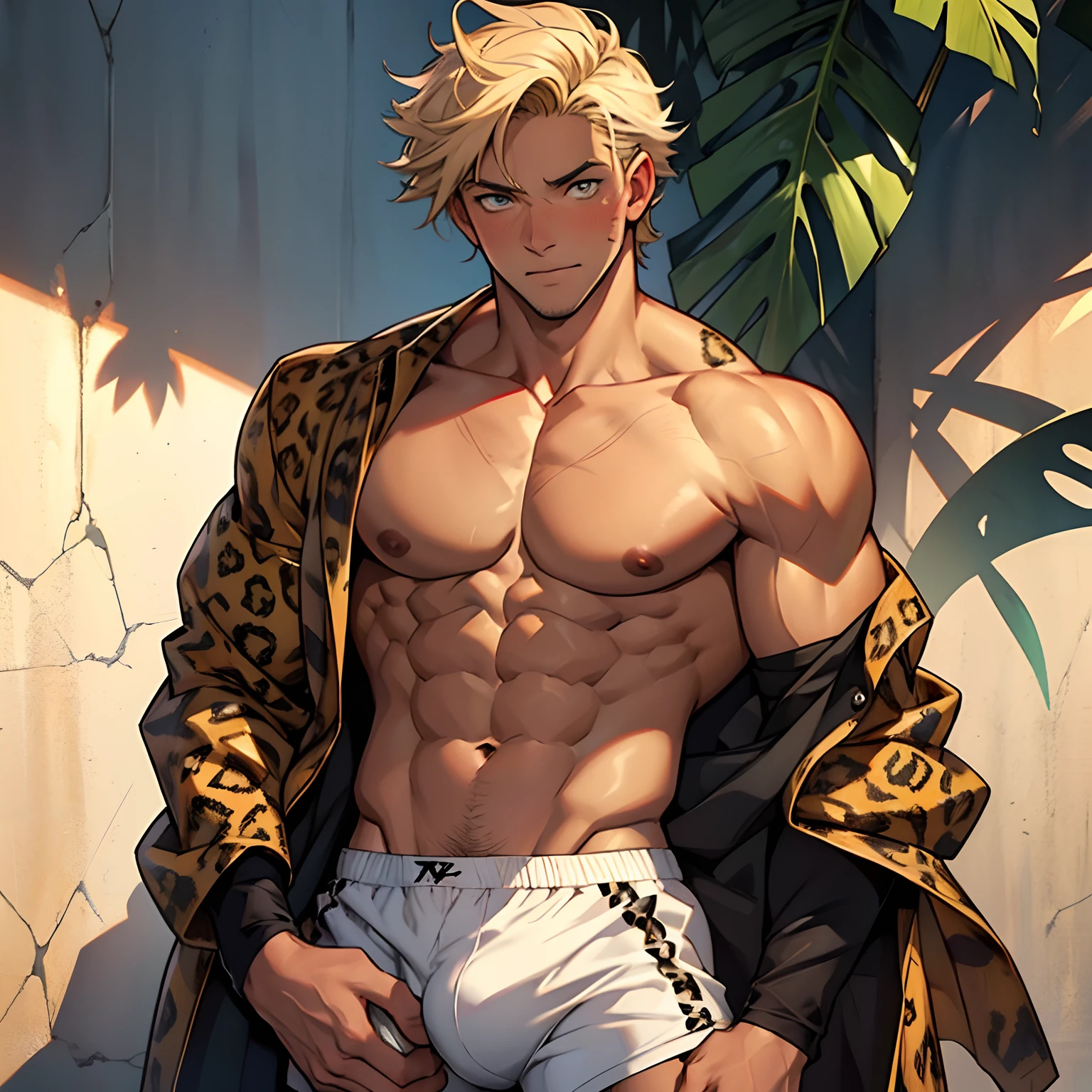 Wild young man, Tazan, a man in leopard print triangular underwear, Muscular body, taned skin, Natural eyes, Short hair, Sexy Man, looking up at viewer, blush, Large protrusions, Bulge, Amazon Background, Masterpiece, Best Quality