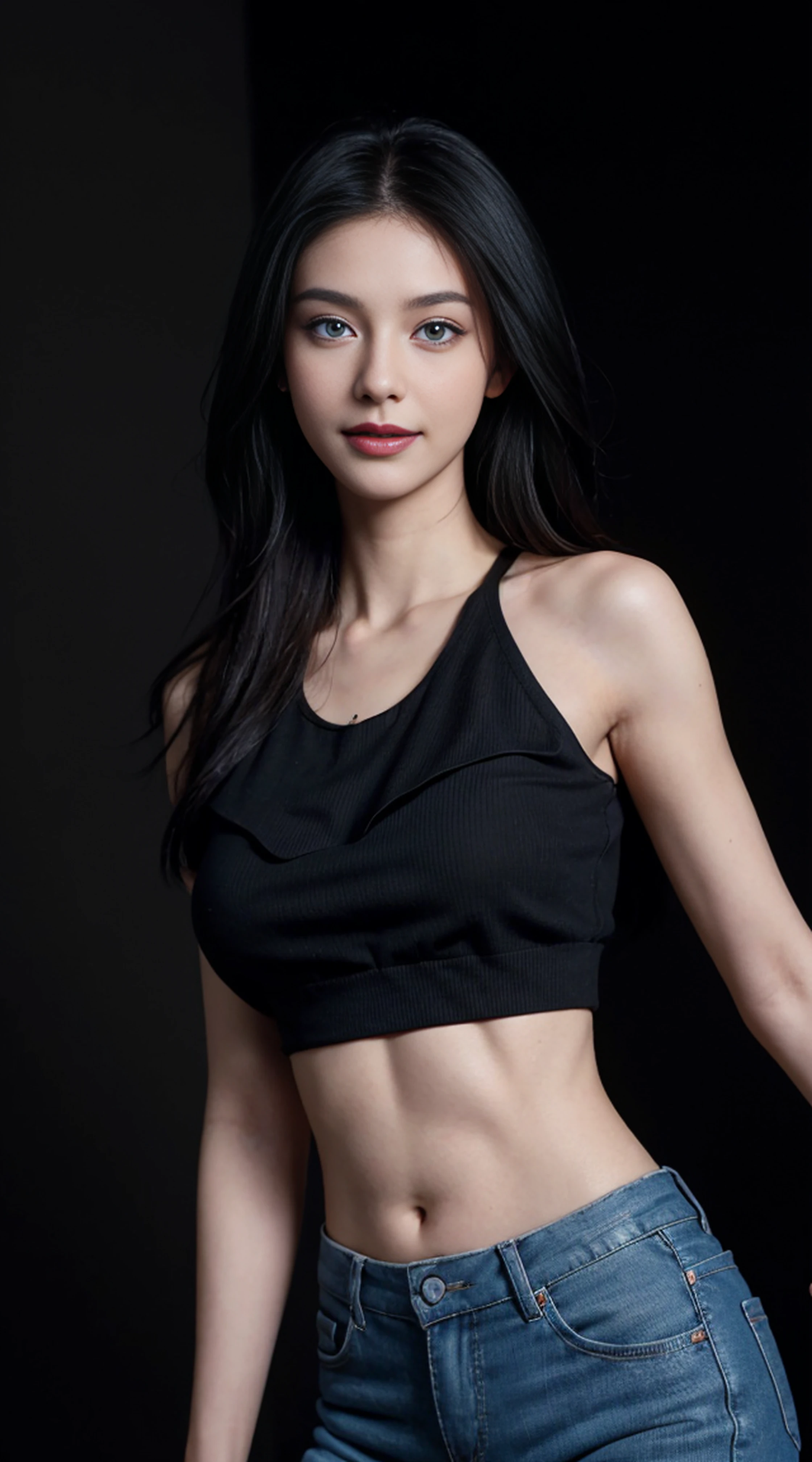8K, Top Quality, Intricate Details, Ultra Detail, Ultra High Resolution, Masterpiece, random angle,  Slender, Smile, (Makeup: 0.4), (Fluffy Blue Eyes: 1.21), blue Eyes, looking at viewer, ((full body)), 1girl, solo, 1 girl, (( full body)), close up shot, , ((tall)), (((fit body))), (((slim face))), sharp face, sharp eyes, (((black hair,  )) , (detailed face), sharp face, small lips, 
 (( )), ((Ripped crop top)),  detailed face, detailed breast, , large breast, detail ass, , Beautiful girl with accentuated slender abs: 1.4, Six Pack Abs: 1.4, Bust Botox, Big, Perfect Body, detail leg, (( dark background)), black background,