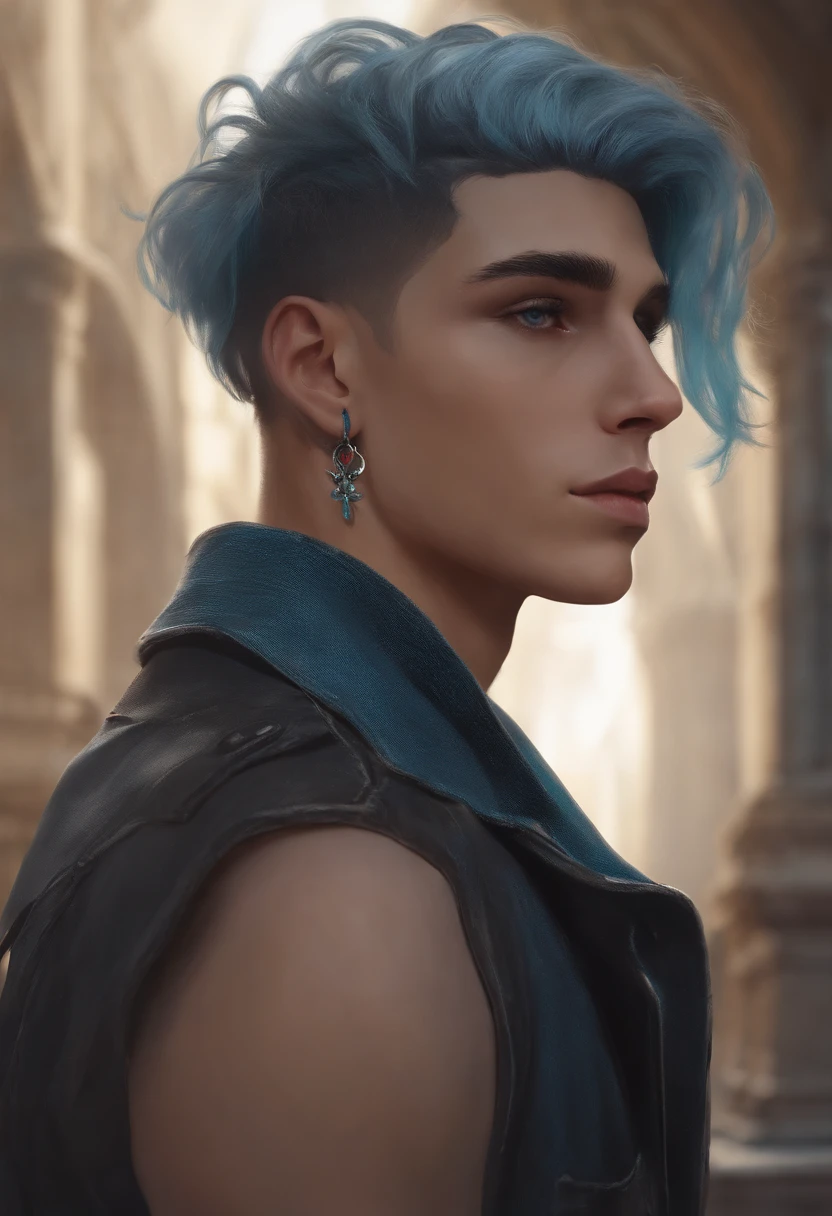 Piotr is a feminine man with dark grayish blue and slighty desaturated teal hair in a jellyfish style haircut. He has very empty, soft orange eyes with red eyeliner on the bottom lid. His tongue is pierced and his face is scuffed up. His ears are littered with piercings.
He wears a belt collar with a butterfly necklace hanging below and there's a faint mark wrapped around his neck. He wears a spaghetti strap top with one strap drooping and baggy cargo pants with sneakers. His nails are painted black and he carries cigarettes in his pockets.