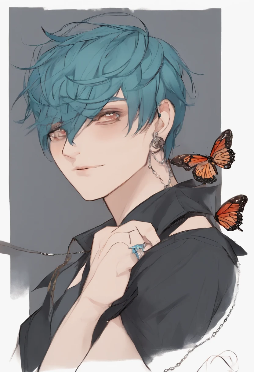 Piotr is a feminine man with dark grayish blue and slighty desaturated teal hair in a jellyfish style haircut. He has very empty, soft orange eyes with red eyeliner on the bottom lid. His tongue is pierced and his face is scuffed up. His ears are littered with piercings.

He wears a belt collar with a butterfly necklace hanging below and there's a faint mark wrapped around his neck. He wears a spaghetti strap top with one strap drooping and baggy cargo pants with sneakers. His nails are painted black and he carries cigarettes in his pockets.