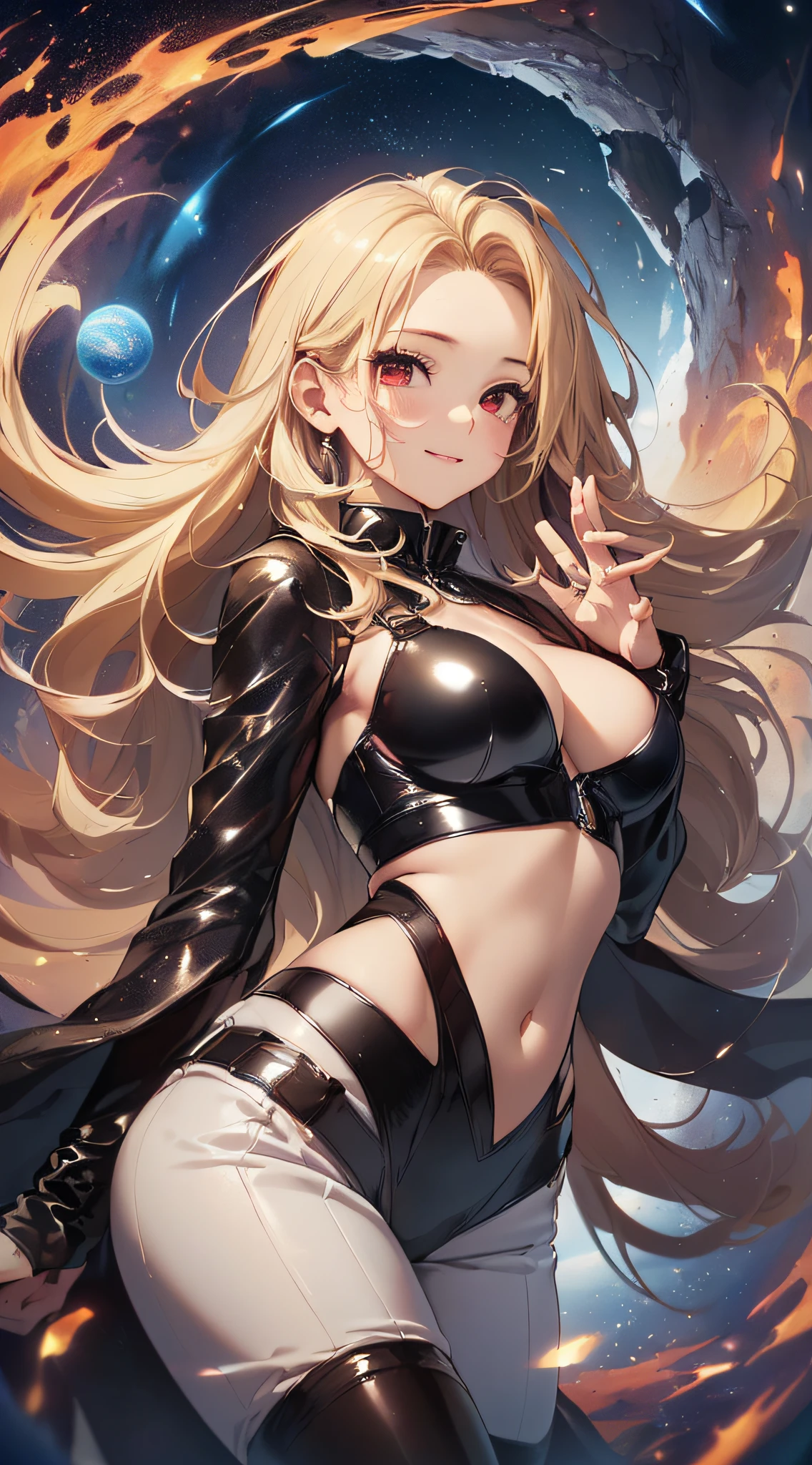 top-quality、Top image quality、masterpiece、girl with((cute little、18year old、Best Bust、Medium bust、Bust 85,Red eyes to issue、Breasts wide open,Valley、Blonde long hair、A slender、Sexy costume、Black leather bra、White trousers、happily face、weightless、float、splatters、levitation、Hand waving motion、posterior view)hiquality、Beautiful Art、Background with((sky at night、mid air、meteors、black hole)),masutepiece、Elaborate design、visualart、depth of fields、Being in the air、weightless