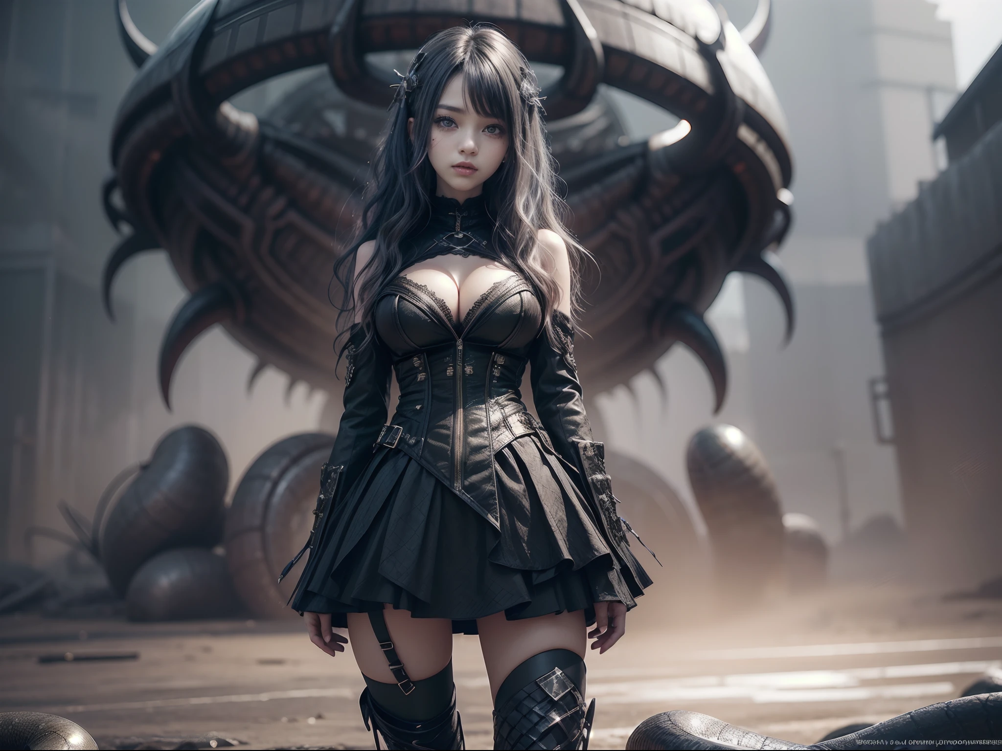 (Big tits), (big breasts),((Big cleavage)) 1girl,korea idol face innocent,(( BIKINI)),Big cleavage,alone(Small waist, slender legs),FULL body photo,rainbow haircolor A vibrant, stylized rendering of KOREA IDOL FACE in his Gear 4 form,dragon,white color, surrounded by a swirling maelstrom of energy.girl 16 years old wearing a black armor-dress, she has black wavy hair with a streak of white hair, around her a powerful serpent is her pet, fantasy art, raytraced, light particles, art by Mschiffer, beautiful backlights, beautiful sunset, sunbeams,