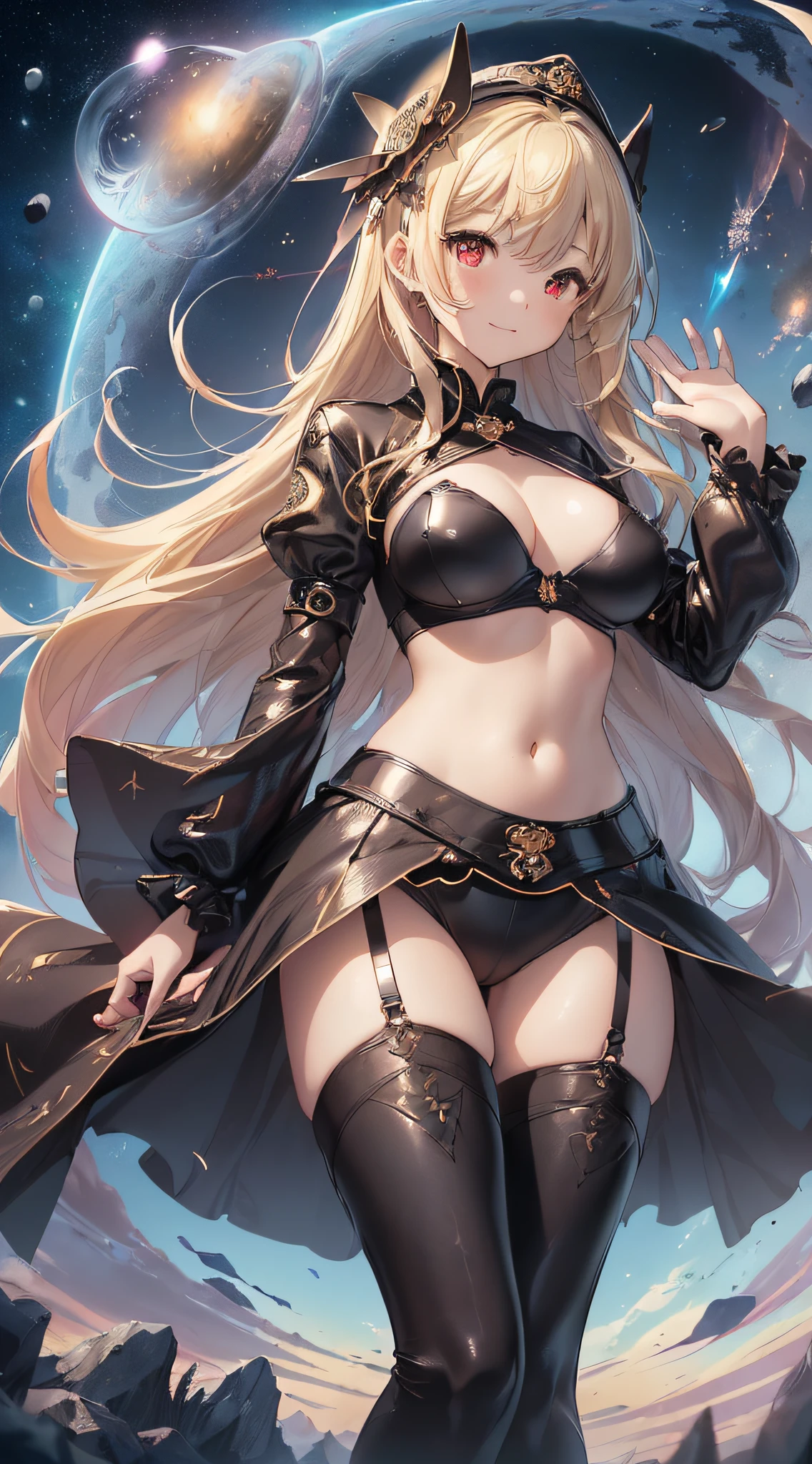 top-quality、Top image quality、masterpiece、girl with((cute little、18year old、Best Bust、Medium bust、Bust 85,Red eyes to issue、Breasts wide open,Valley、Blonde long hair、A slender、Sexy costume、Black leather bra、White trousers、happily face、weightless、float、splatters、levitation、Hand waving motion、posterior view)hiquality、Beautiful Art、Background with((sky at night、mid air、meteors、black hole)),masutepiece、Elaborate design、visualart、depth of fields、Being in the air、weightless