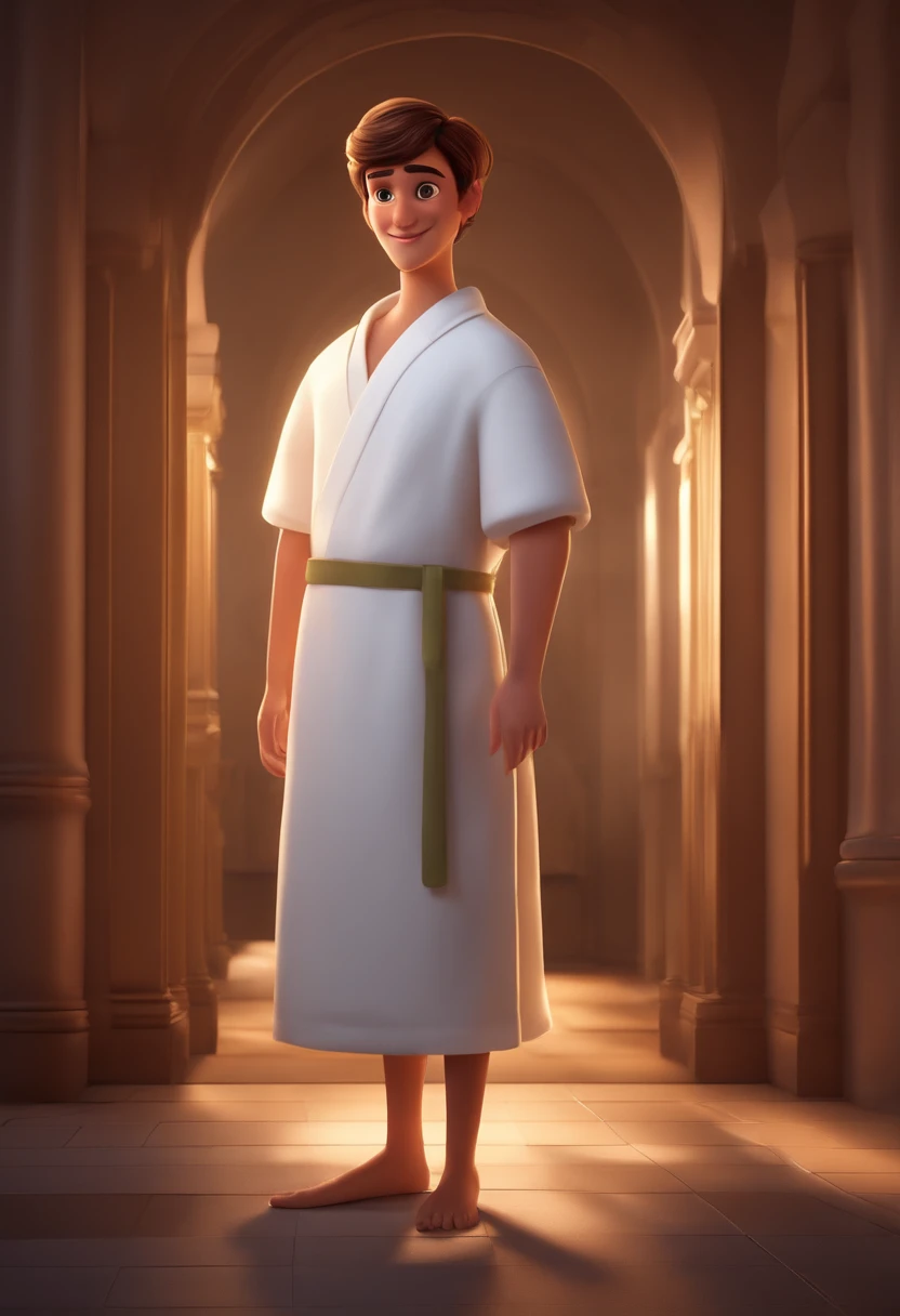 A happy and cute teenager in his 20s standing with short hair, Wearing a white hospital gown, ,Blindness in the eyes, The eyes were blindfolded by cloth,Tom, pixar-style, ......。.3D, cartoony, Detal Face, Asymmetrical 16K singing