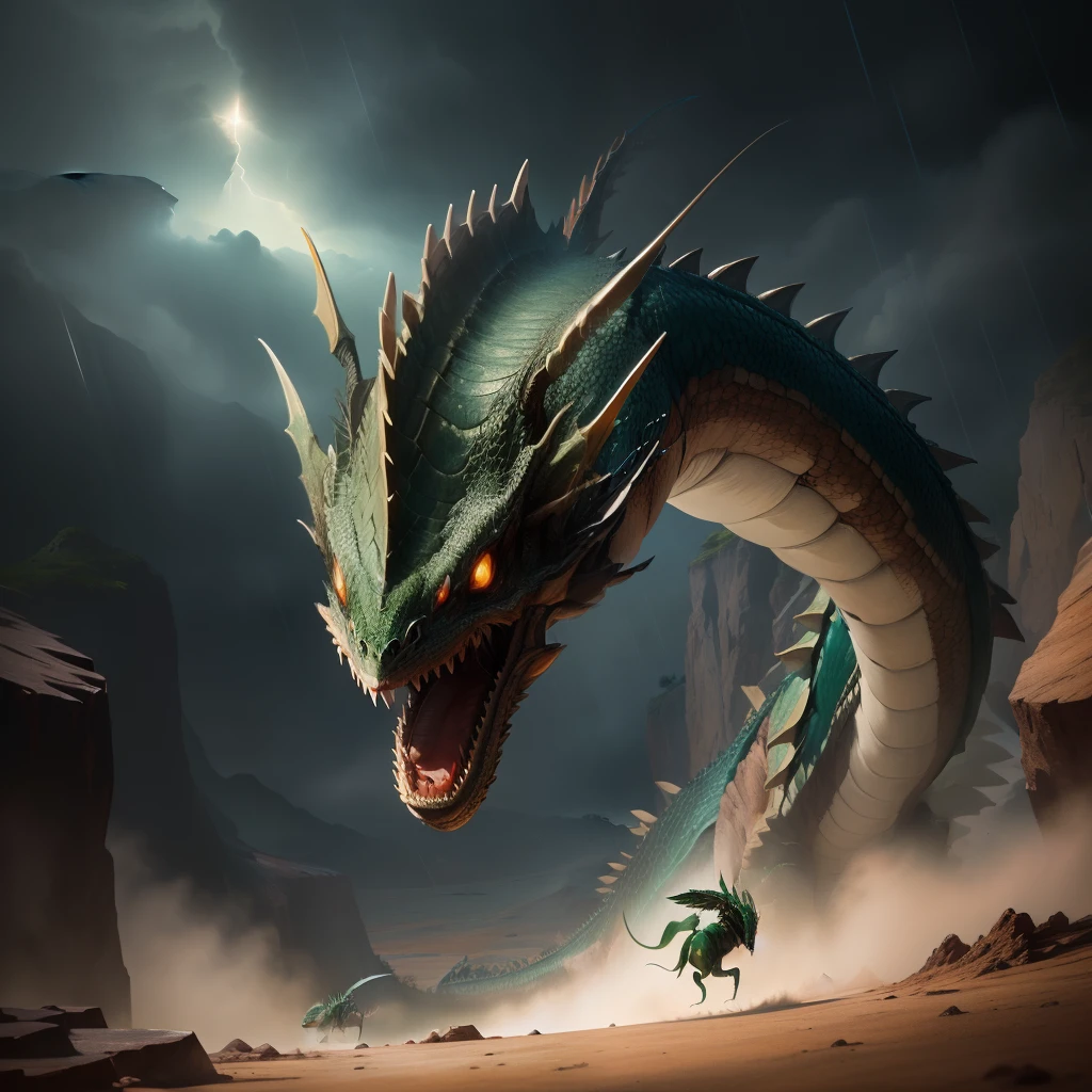 On a rainy day, the swollen-headed dragon and the aphid-headed worm compete in the crater to catch the isolodontosaurus