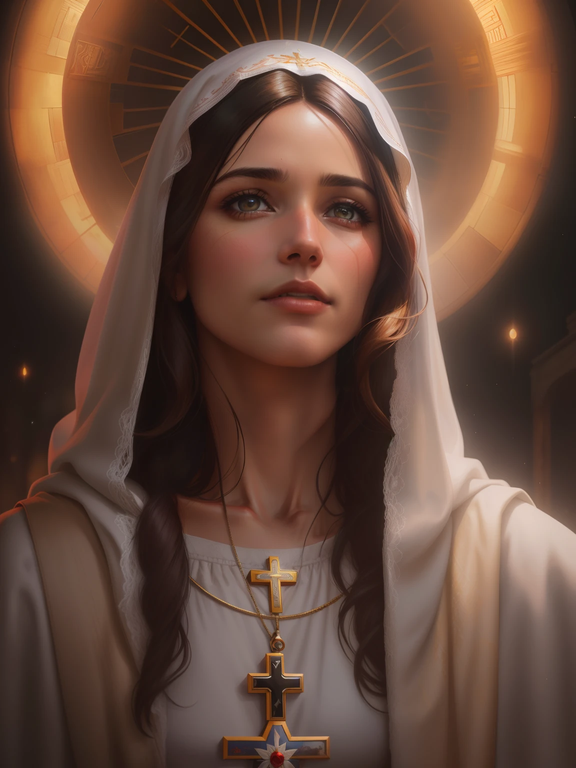 ((Realistic portrait of Our Lady mother of Jesus)), corpo inteiro, aura sagrada, cinematiclight, retratado em 4K hiperdetalhado. Um close-up de Jesus, Com amor, Olhos compassivos, barba longa, e cabelos castanhos cacheados. A luz quente destaca a figura de um homem, Looking forward with a compassionate expression. The background features a wooden cross and dark sky, retratado em 8K. The style is portrayed in a soft and cinematic way, com cores neutras e efeitos HDR. The artwork strives for high quality, com detalhes intrincados, fundos complexos, and an artistic mix of influences from Greg Rutkowski and Artgerm.