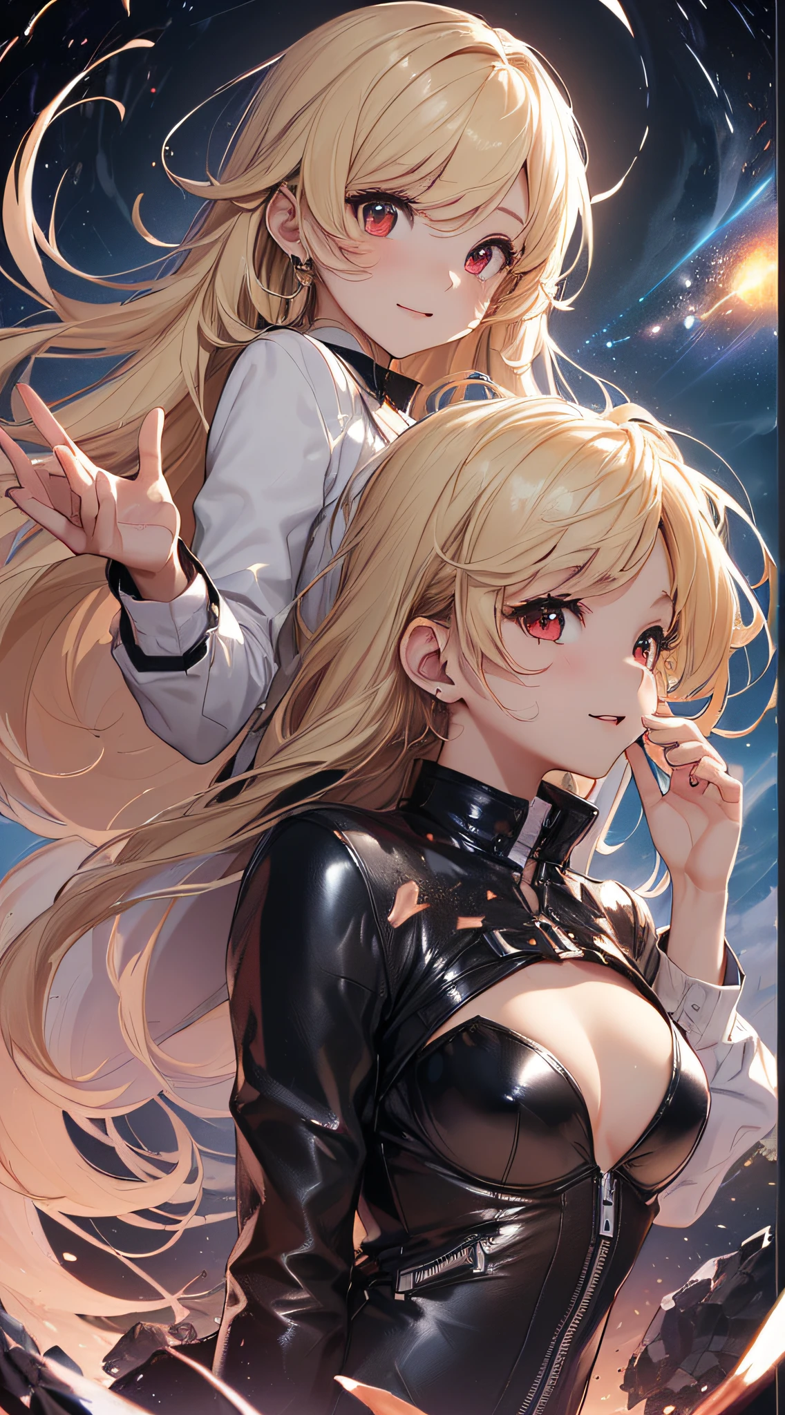 top-quality、Top image quality、masterpiece、girl with((cute little、18year old、Best Bust、Medium bust、Bust 85,Red eyes to issue、Breasts wide open,Valley、Blonde long hair、A slender、Black leather bra、White trousers、happily face、weightless、float、splatters、levitation、Hand waving motion、posterior view)hiquality、Beautiful Art、Background with((sky at night、mid air、meteors、black hole)),masutepiece、Elaborate design、visualart、depth of fields、Being in the air、weightless